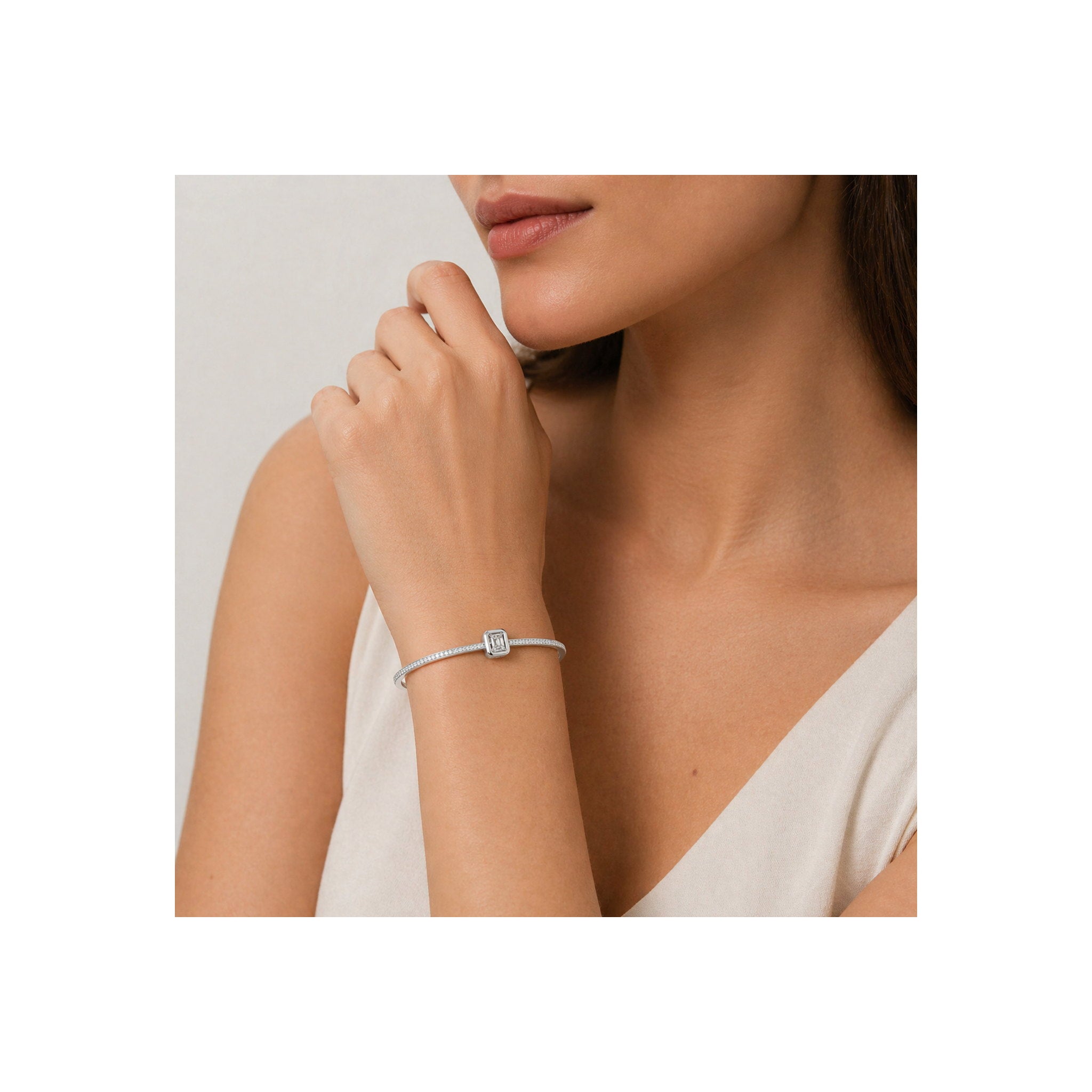 925 Sterling Silver Emerald Cut and Brilliant Zircon Bangle