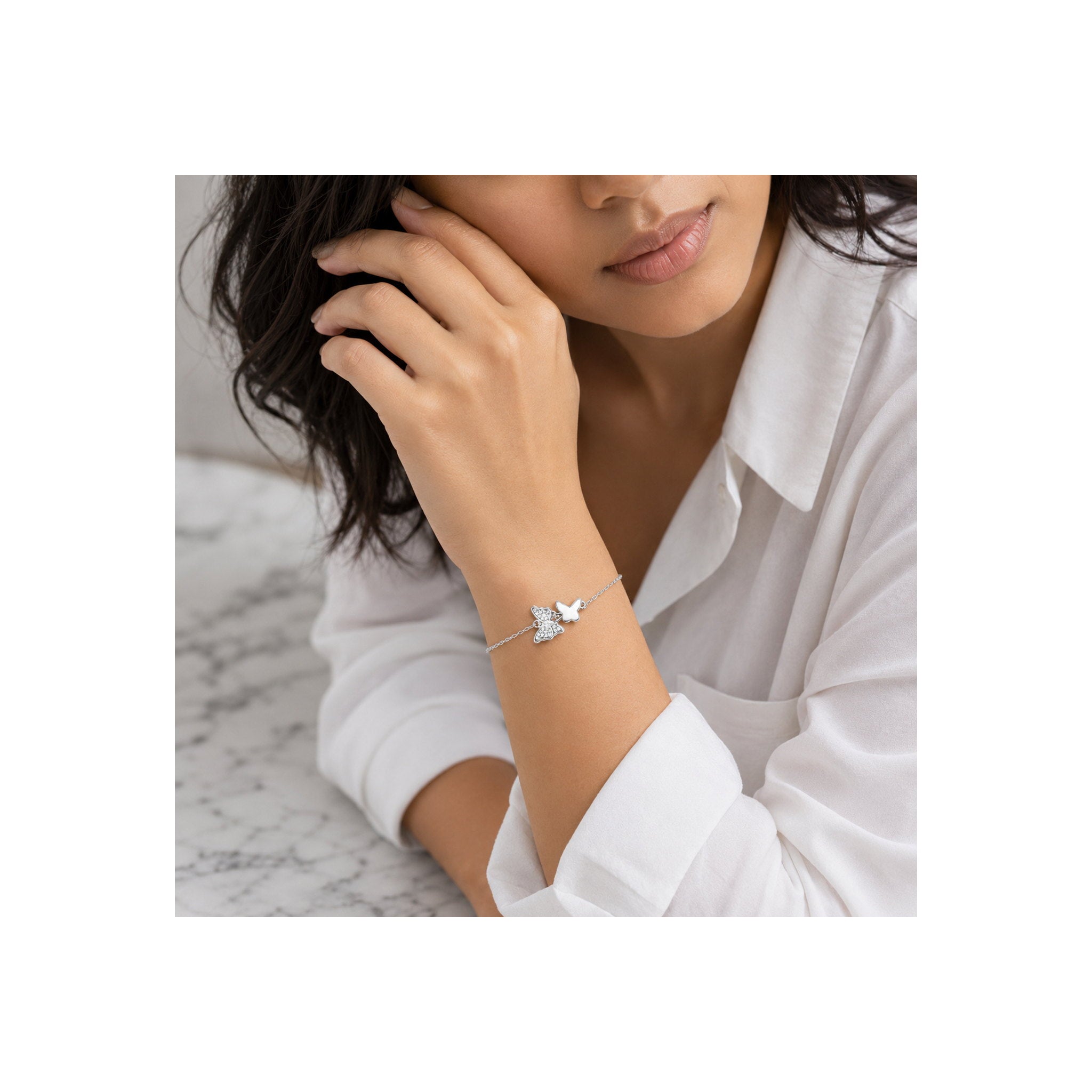 925 Sterling Silver Zircon Pave Butterfly Chain Bracelet