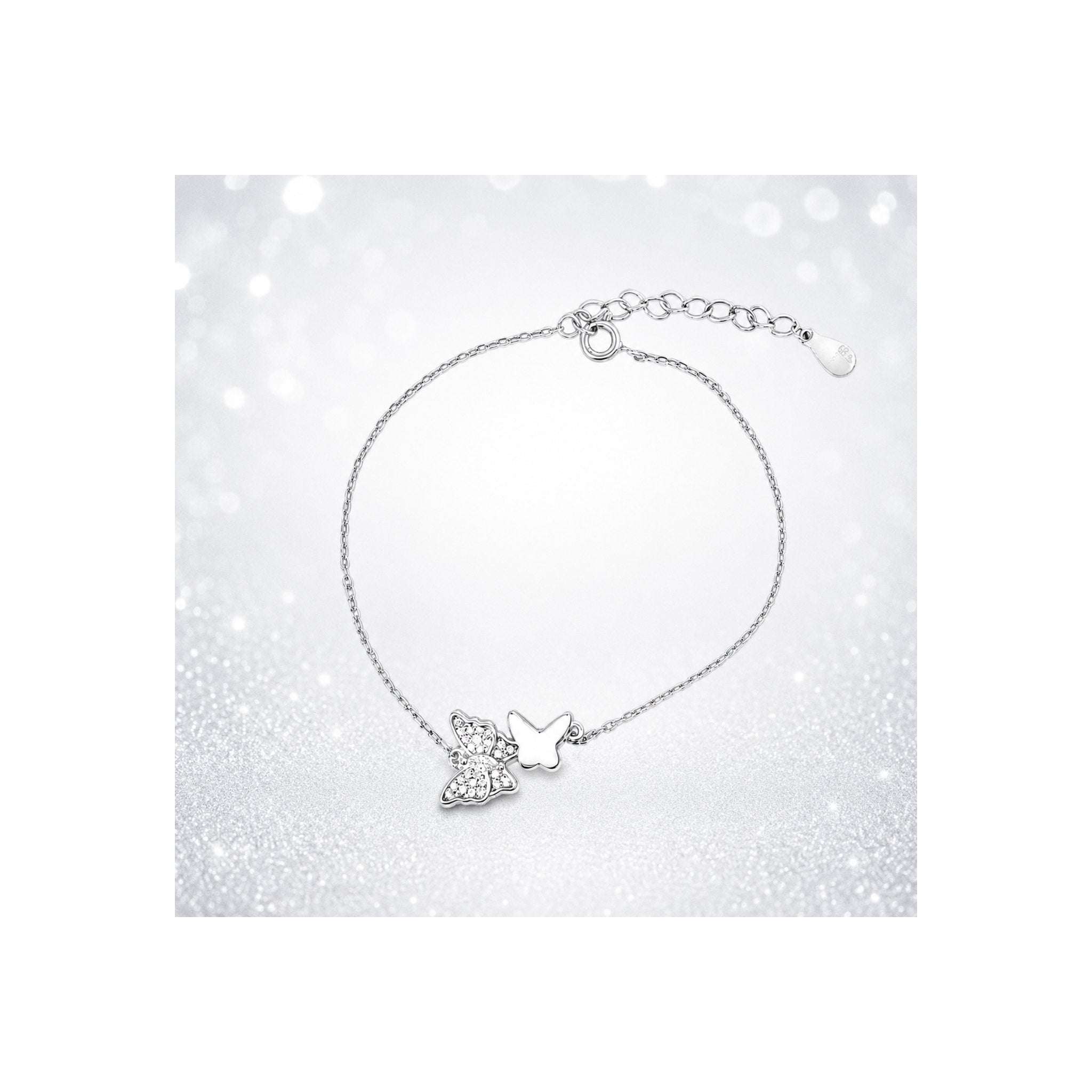 925 Sterling Silver Zircon Pave Butterfly Chain Bracelet