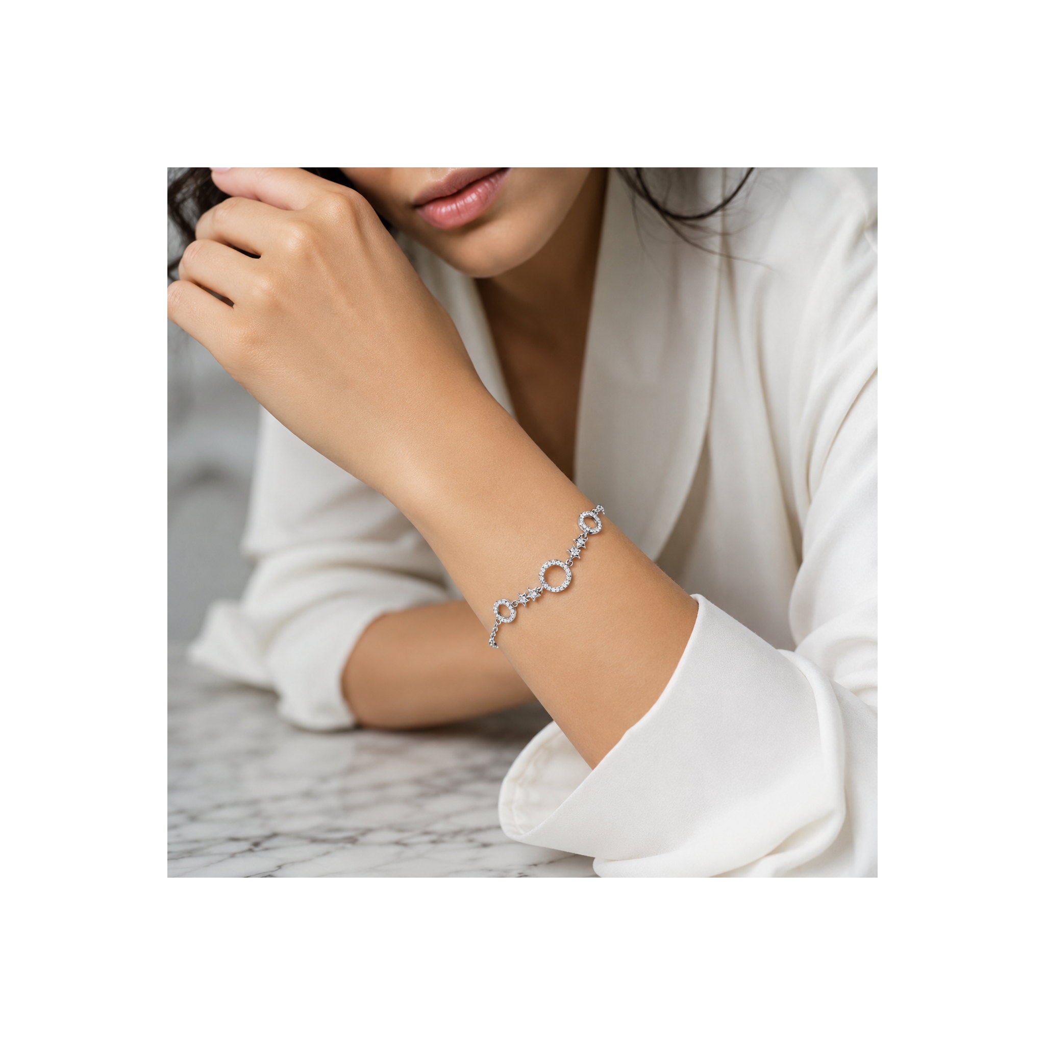 925 Sterling Silver Zircon Star and Circle Charm Bracelet