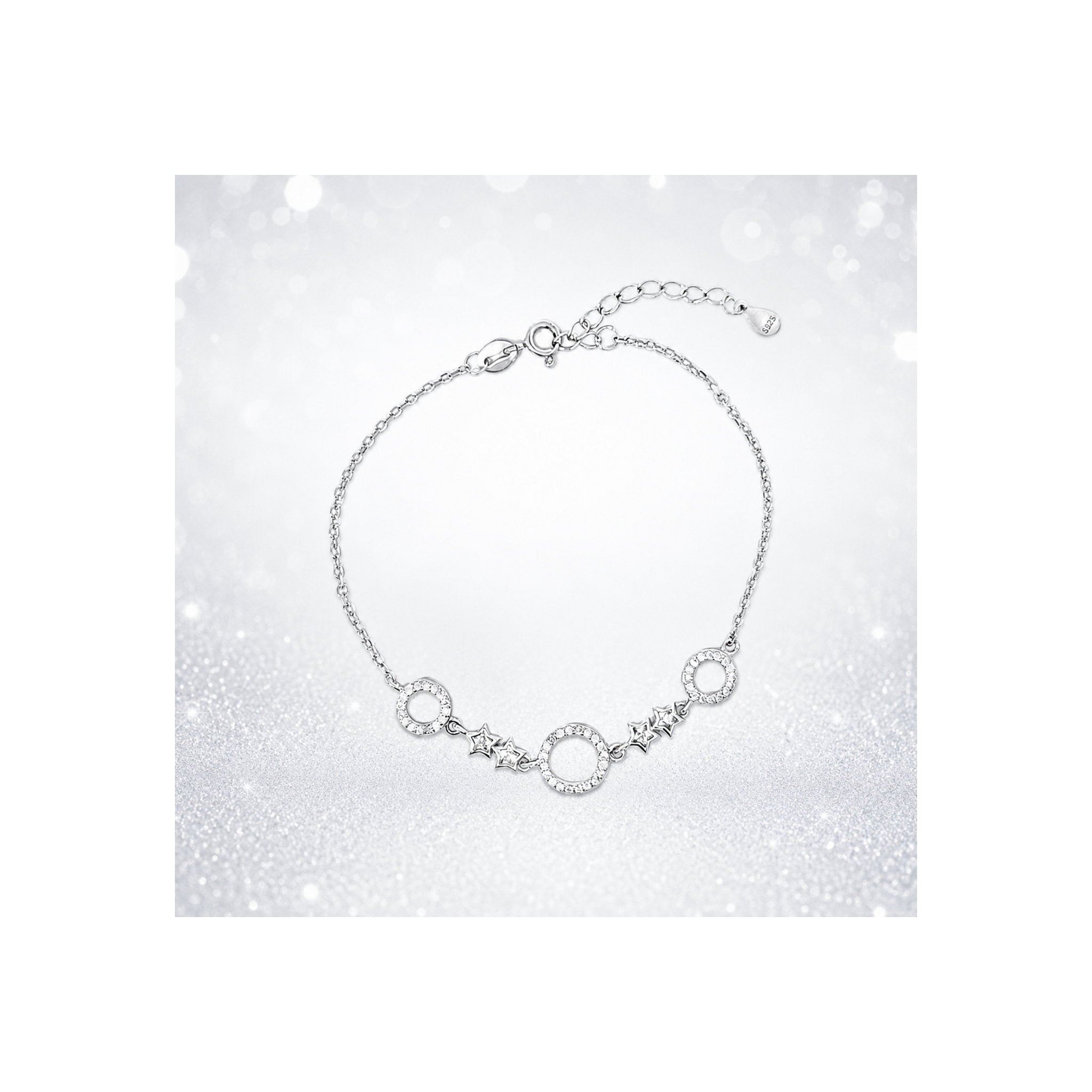 925 Sterling Silver Zircon Star and Circle Charm Bracelet