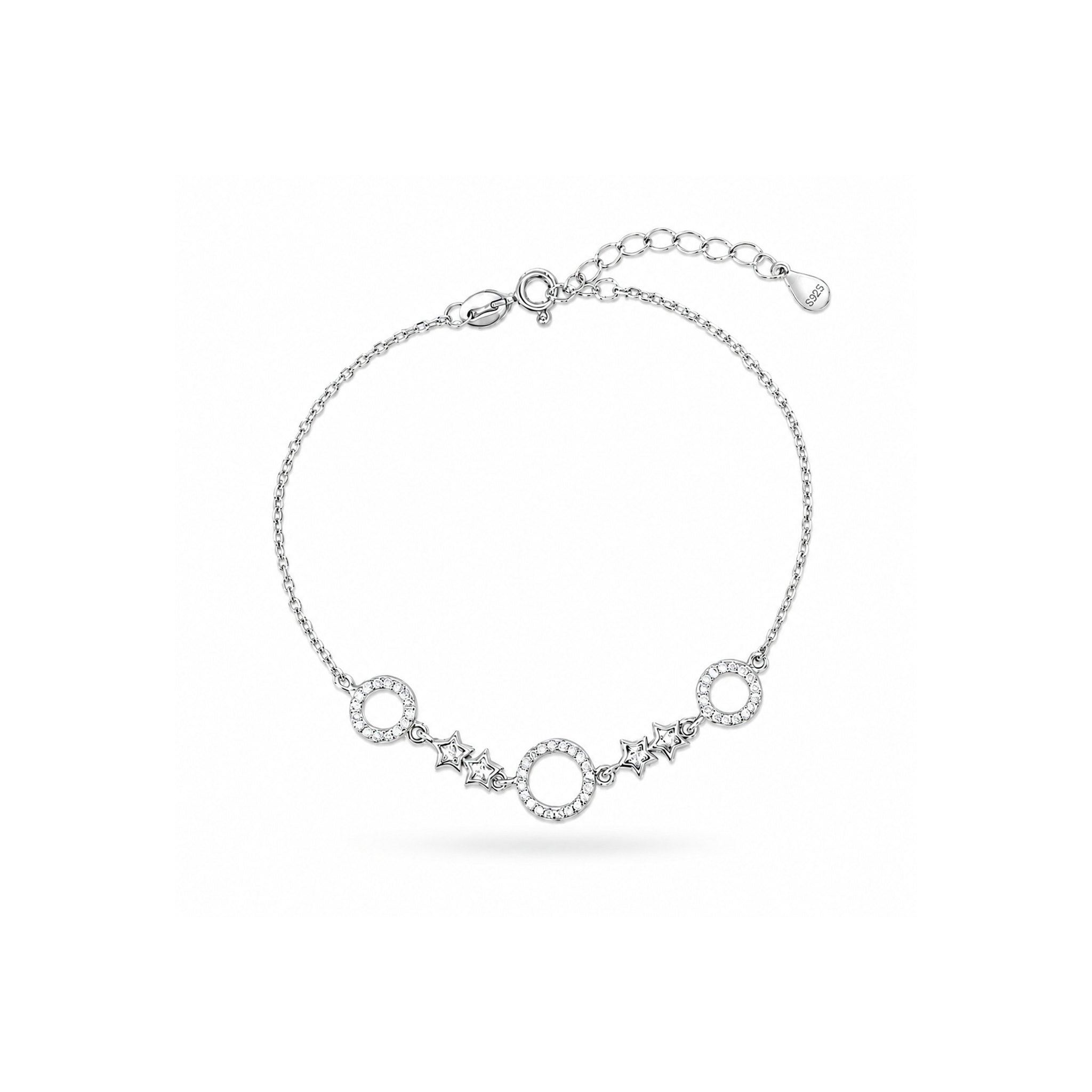 925 Sterling Silver Zircon Star and Circle Charm Bracelet