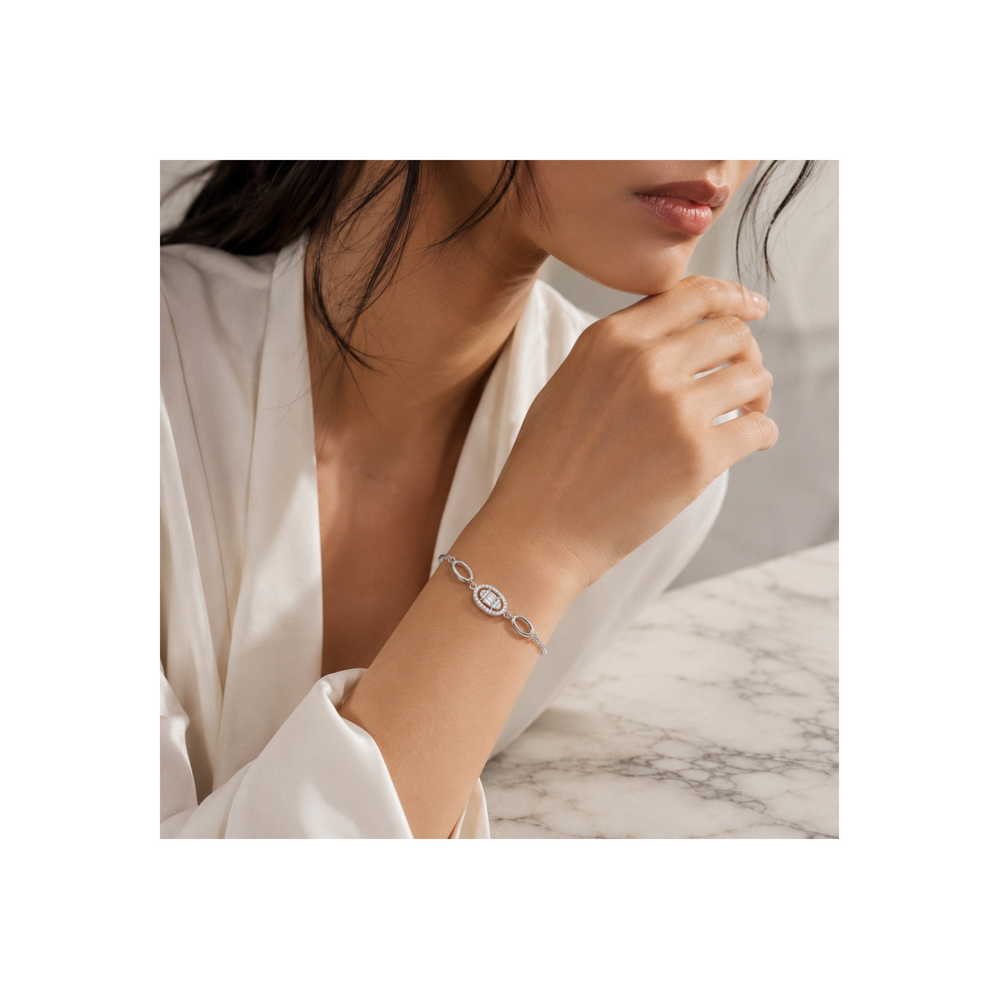 925 Sterling Silver Zircon Oval Halo Chain Bracelet