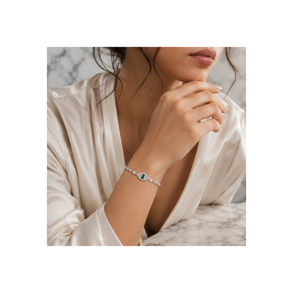925 Sterling Silver Green Stone Teardrop Halo Tennis Bracelet