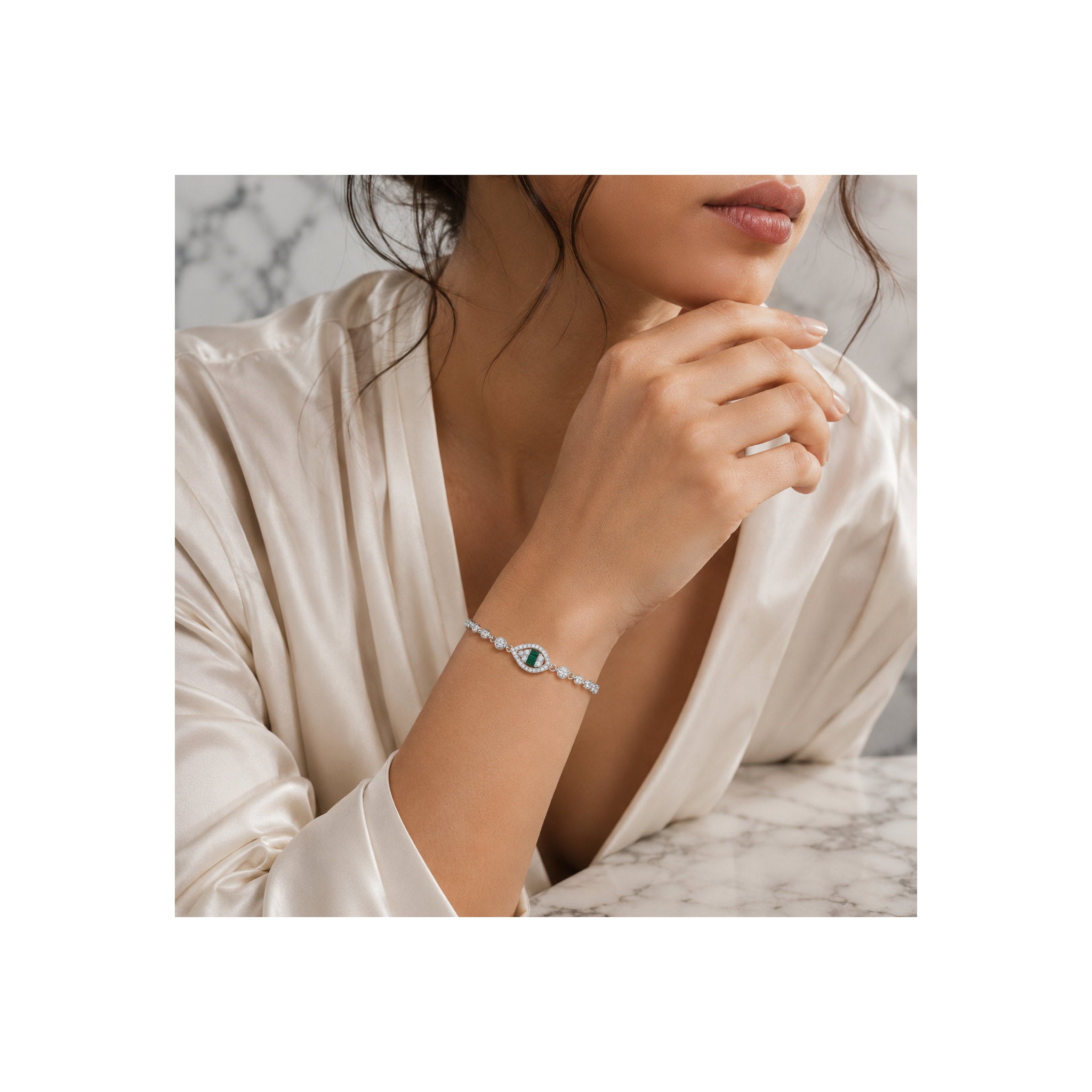 925 Sterling Silver Green Stone Teardrop Halo Tennis Bracelet