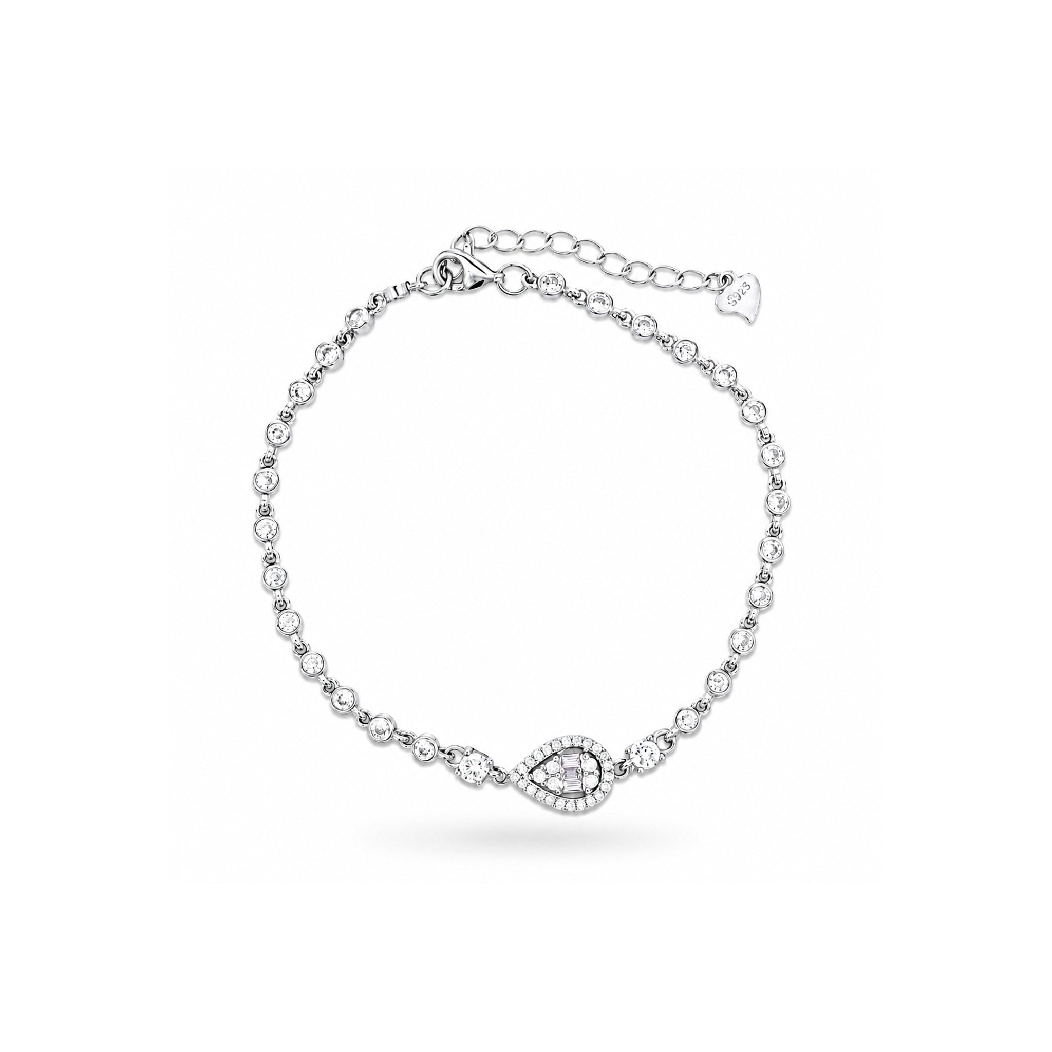 925 Sterling Silver Zircon Teardrop Motif Chain Bracelet
