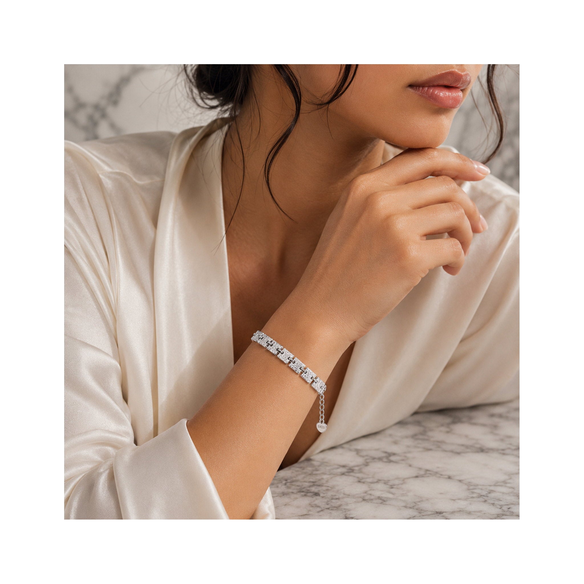 925 Sterling Silver Textured Square Link Chain Bracelet