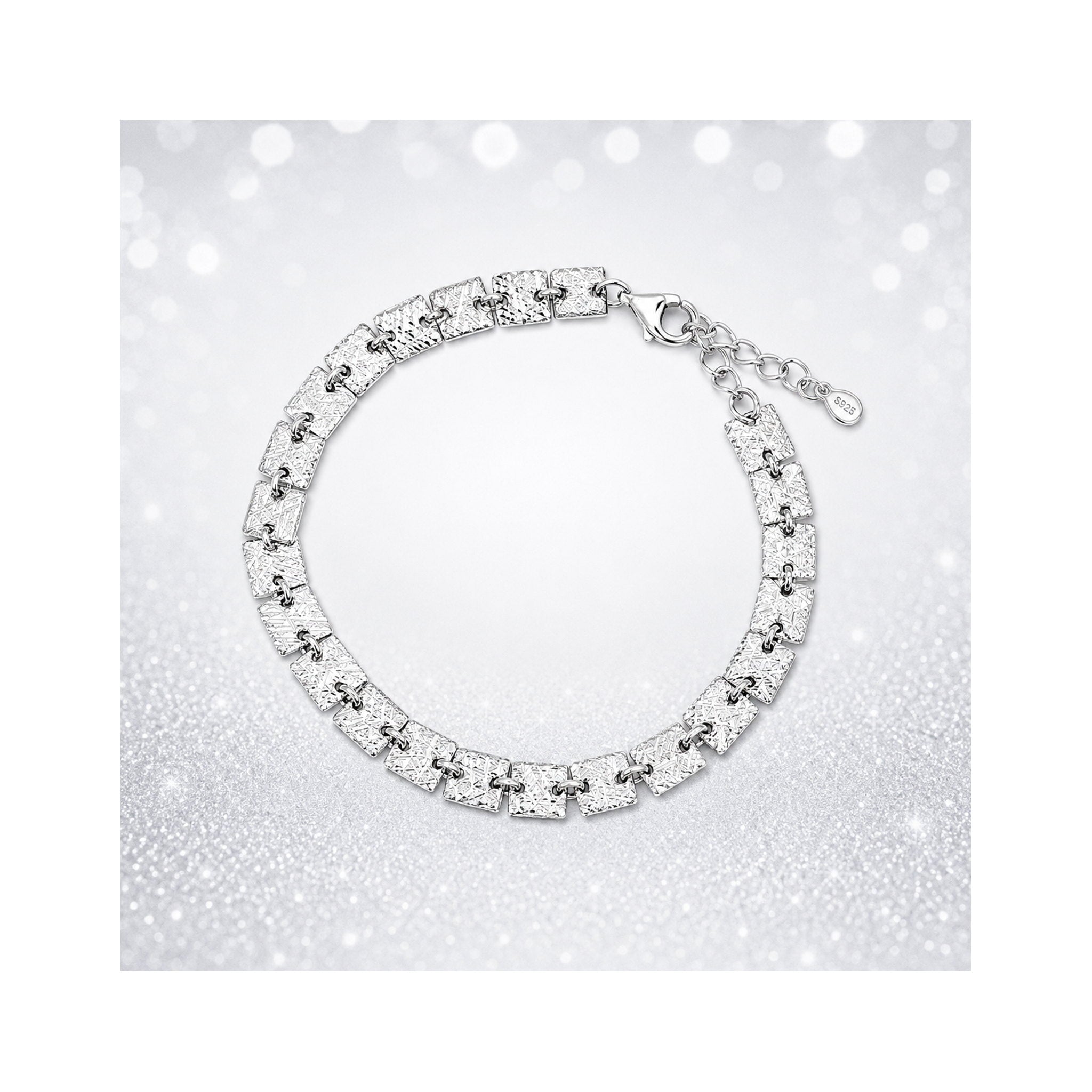 925 Sterling Silver Textured Square Link Chain Bracelet