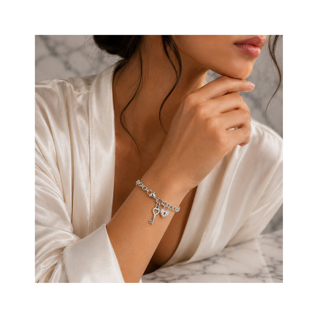 925 Sterling Silver Zircon Heart Padlock and Key Charm Bracelet