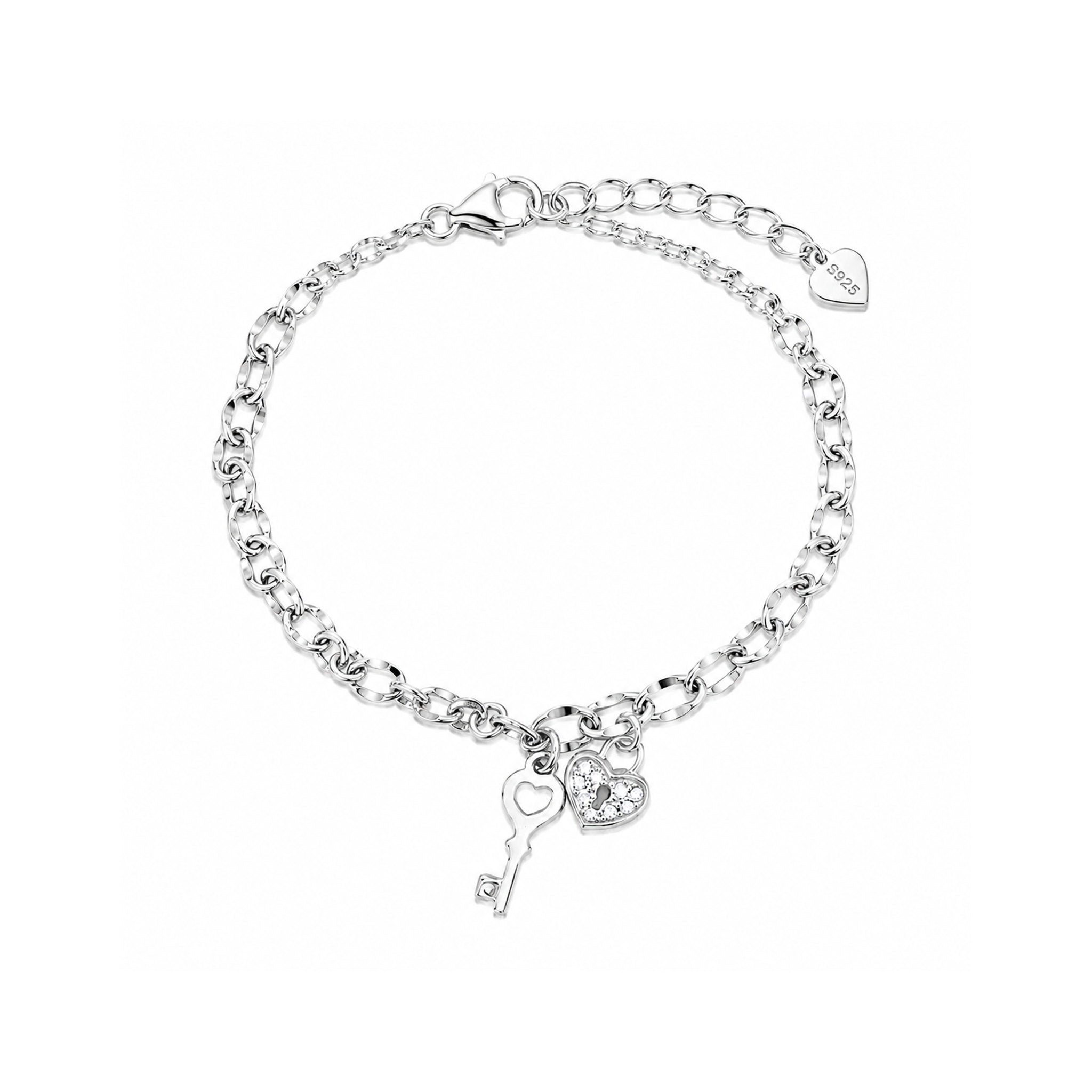 925 Sterling Silver Zircon Heart Padlock and Key Charm Bracelet