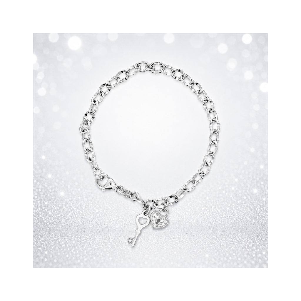 925 Sterling Silver Zircon Heart Padlock and Key Charm Bracelet