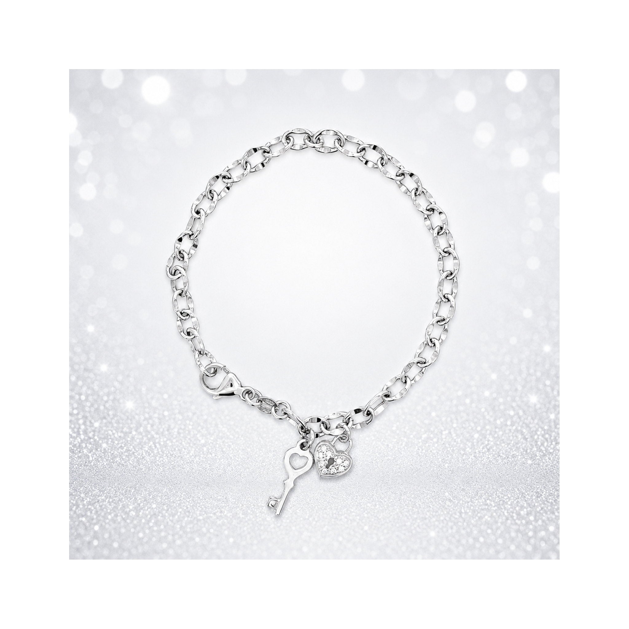 925 Sterling Silver Zircon Heart Padlock and Key Charm Bracelet