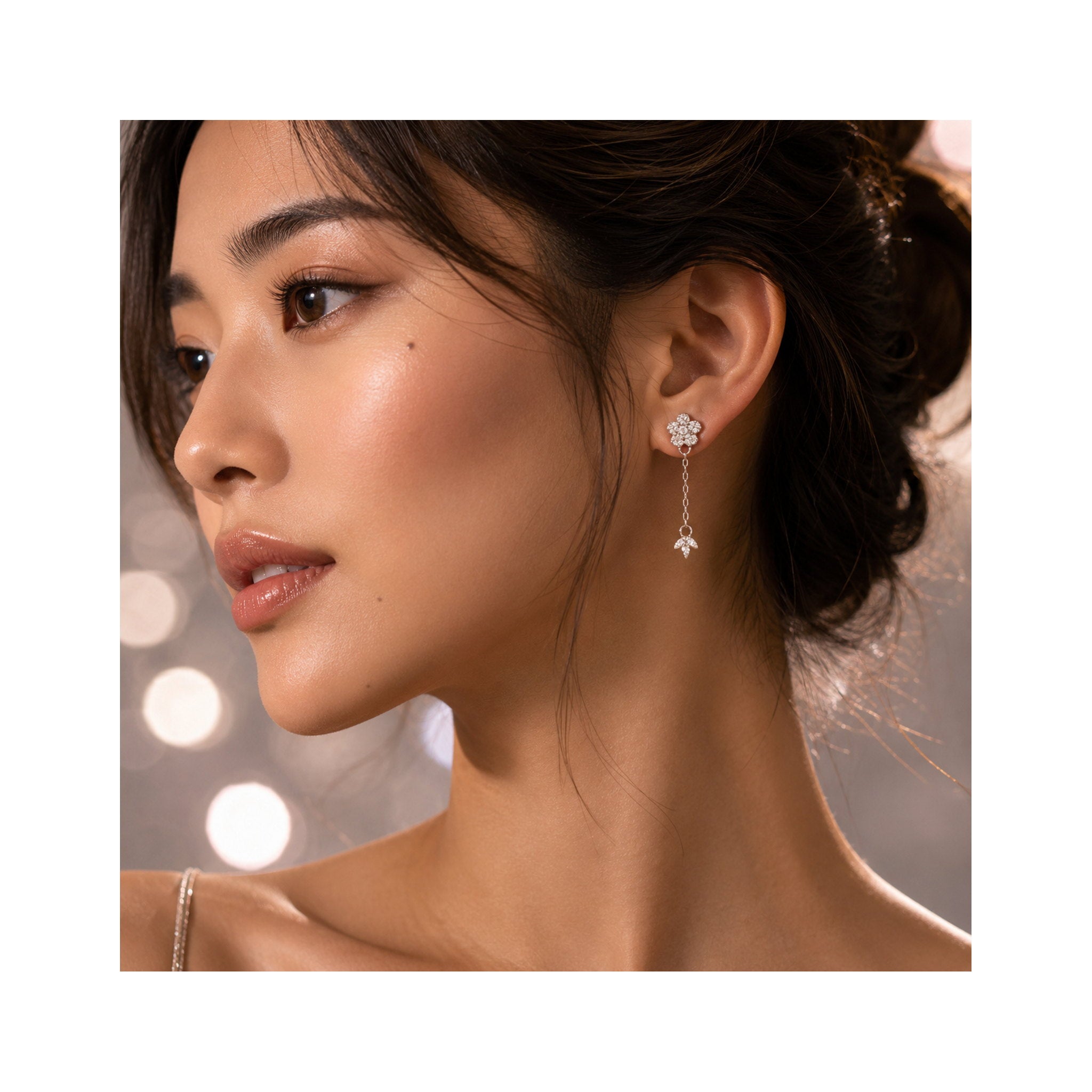 925 Sterling Silver Floral and Leaf Motif Drop Earrings