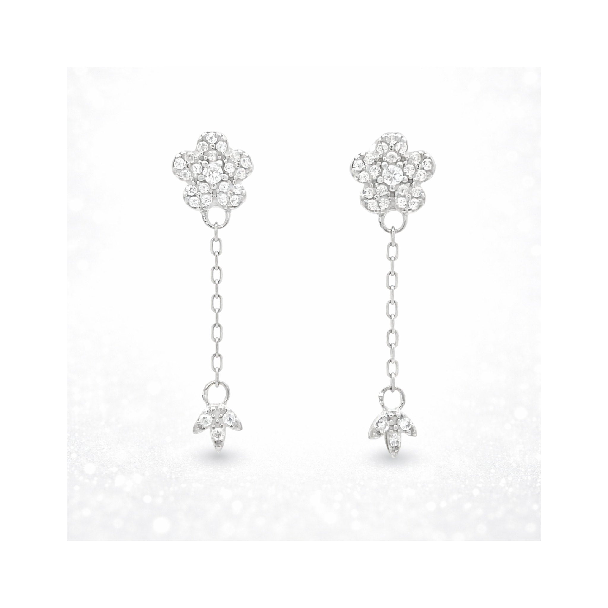 925 Sterling Silver Floral and Leaf Motif Drop Earrings