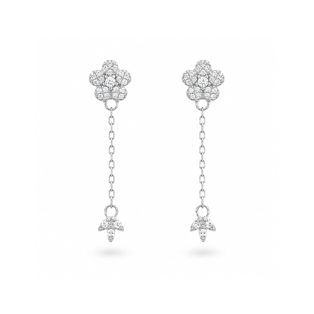 925 Sterling Silver Floral and Leaf Motif Drop Earrings
