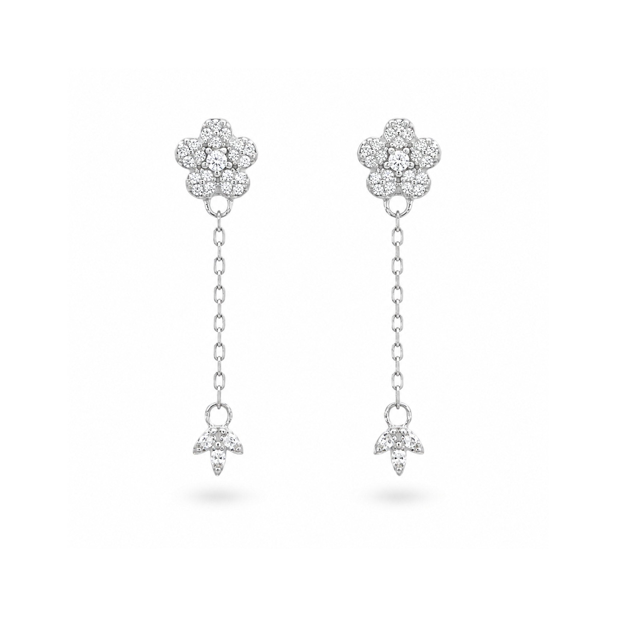 925 Sterling Silver Floral and Leaf Motif Drop Earrings