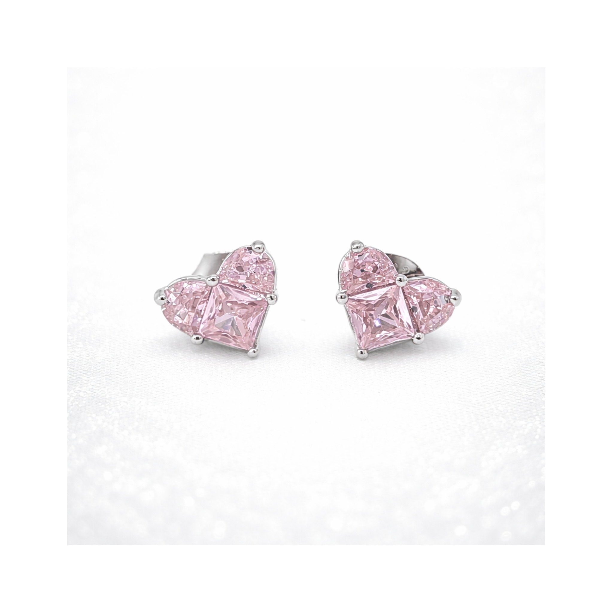 925 Sterling Silver  Composite Heart Pink gemstones Stud Earrings