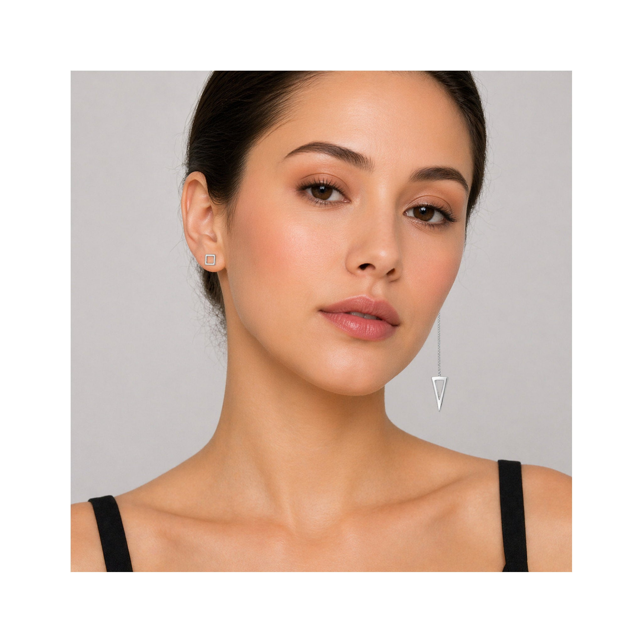 925 Sterling Silver Contemporary Asymmetric Geometric Square Stud and Triangular Threader Earrings