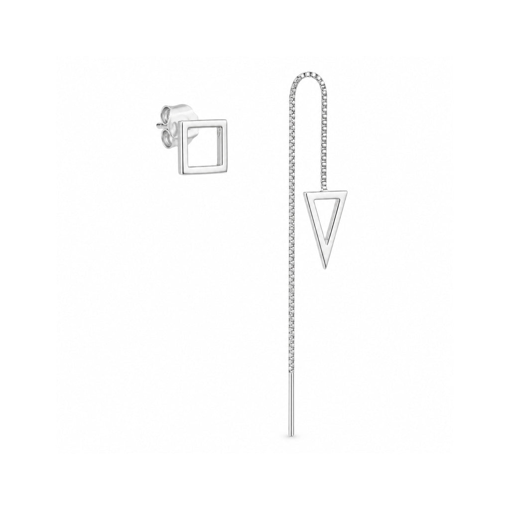 925 Sterling Silver Contemporary Asymmetric Geometric Square Stud and Triangular Threader Earrings