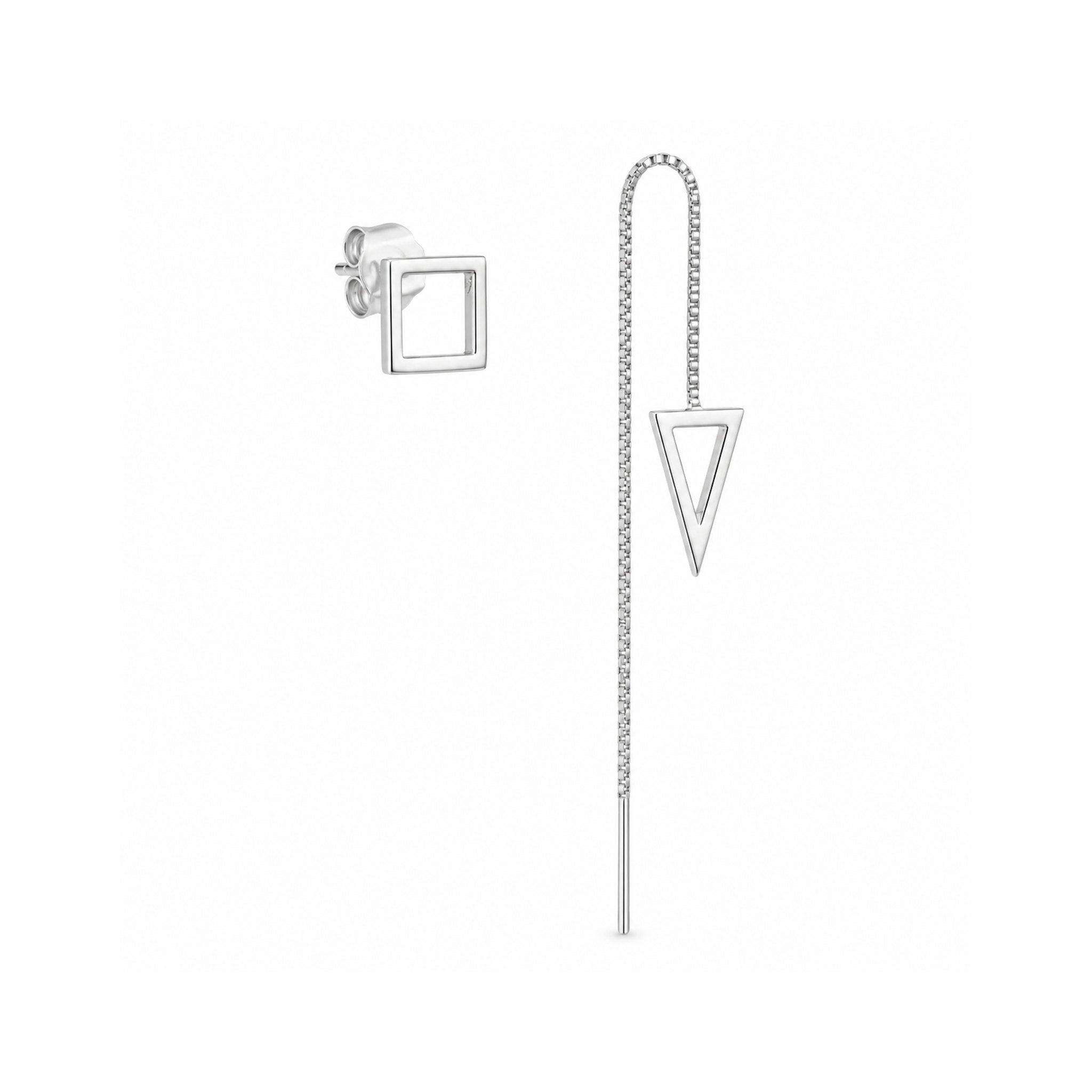 925 Sterling Silver Contemporary Asymmetric Geometric Square Stud and Triangular Threader Earrings