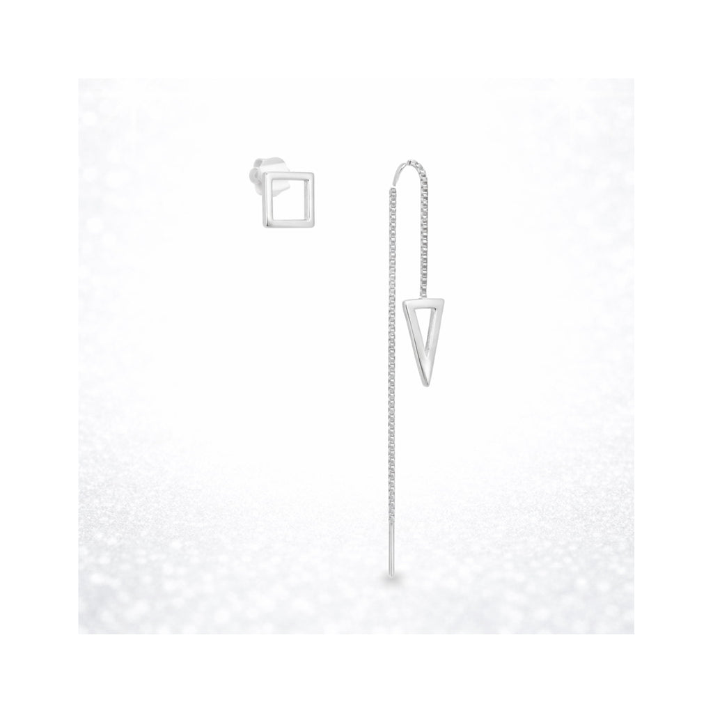 925 Sterling Silver Contemporary Asymmetric Geometric Square Stud and Triangular Threader Earrings