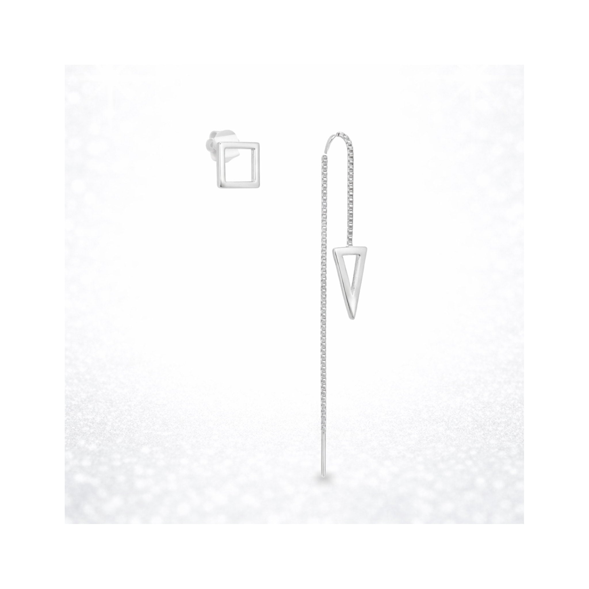 925 Sterling Silver Contemporary Asymmetric Geometric Square Stud and Triangular Threader Earrings