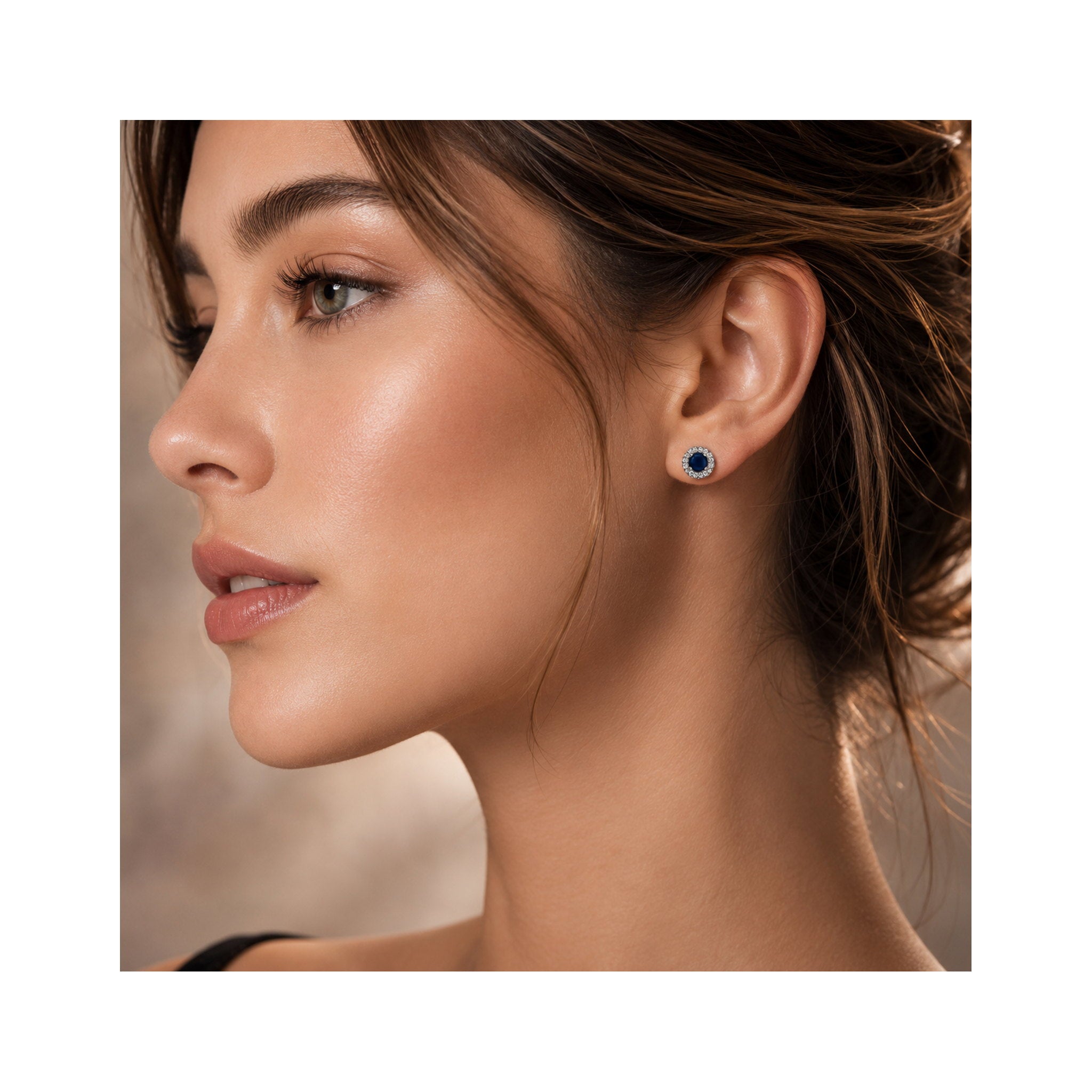 925 Sterling Silver Oval Blue Gemstone and Zircon Halo Stud Earrings