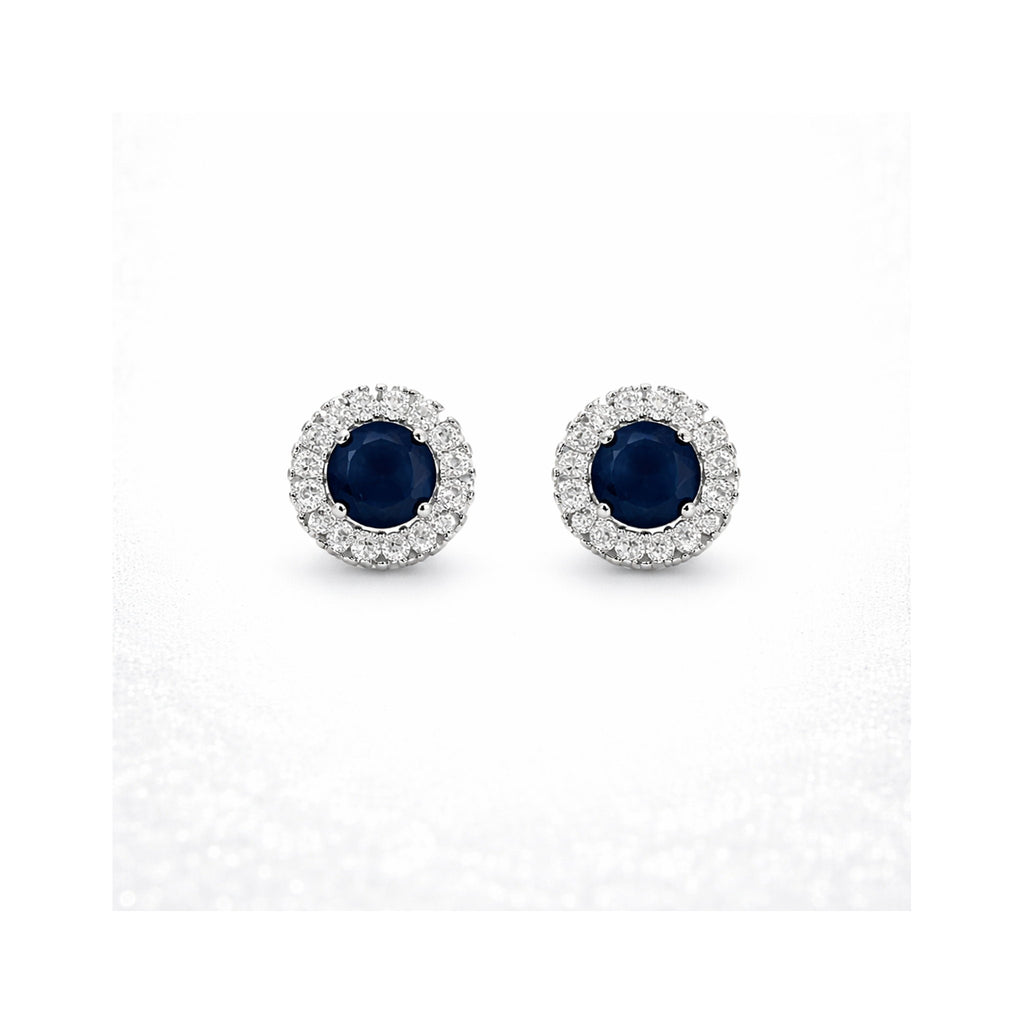 925 Sterling Silver Oval Blue Gemstone and Zircon Halo Stud Earrings