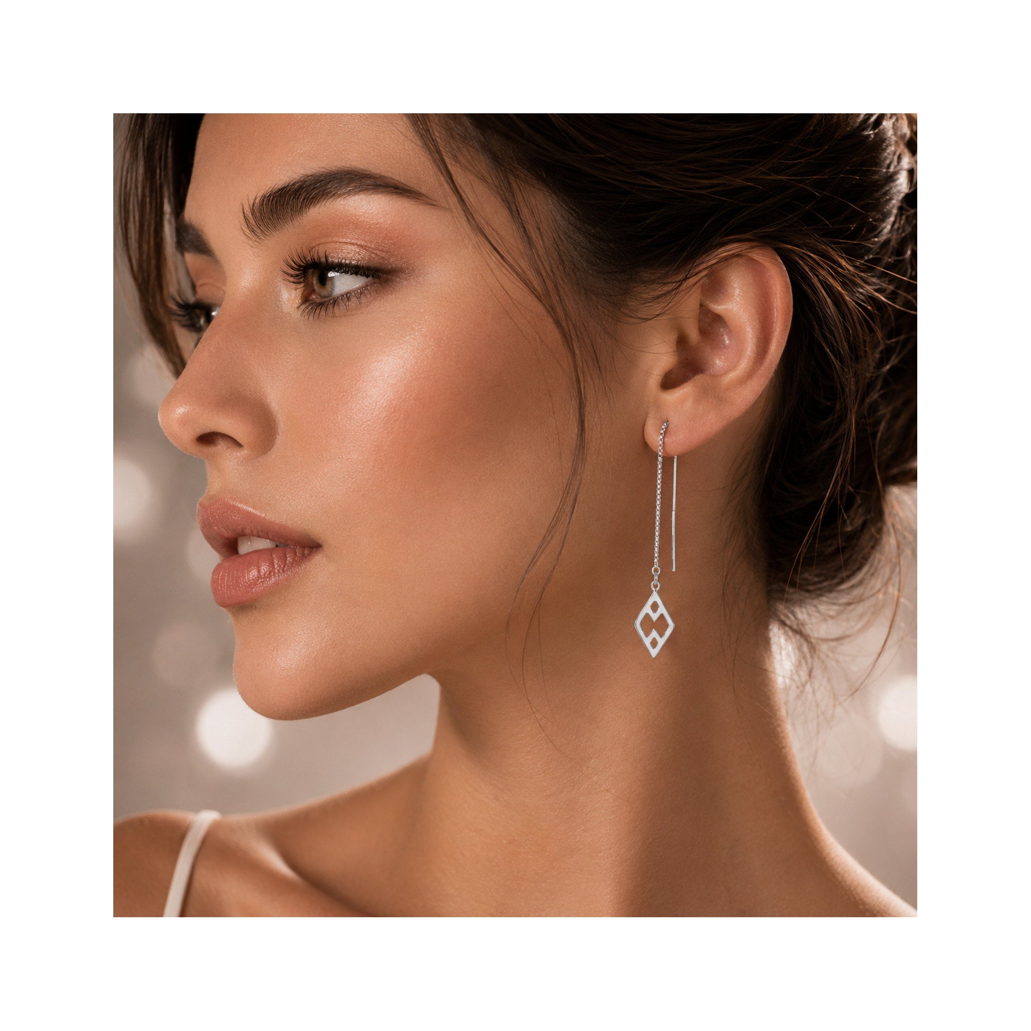 925 Sterling Silver White Gold Geometric Rhombus Openwork Threader Earrings