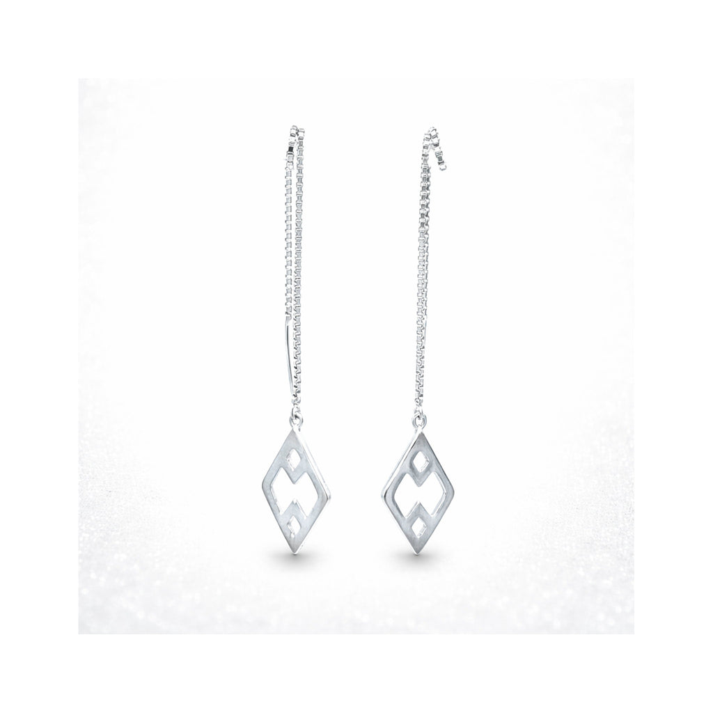 925 Sterling Silver White Gold Geometric Rhombus Openwork Threader Earrings