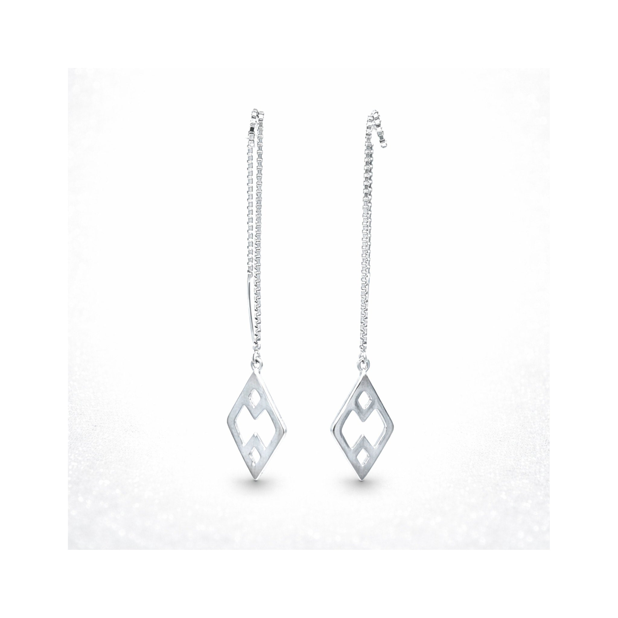 925 Sterling Silver White Gold Geometric Rhombus Openwork Threader Earrings