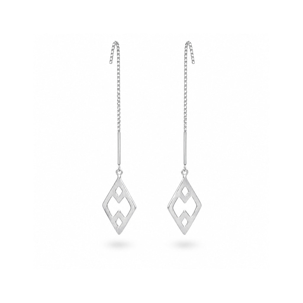 925 Sterling Silver White Gold Geometric Rhombus Openwork Threader Earrings