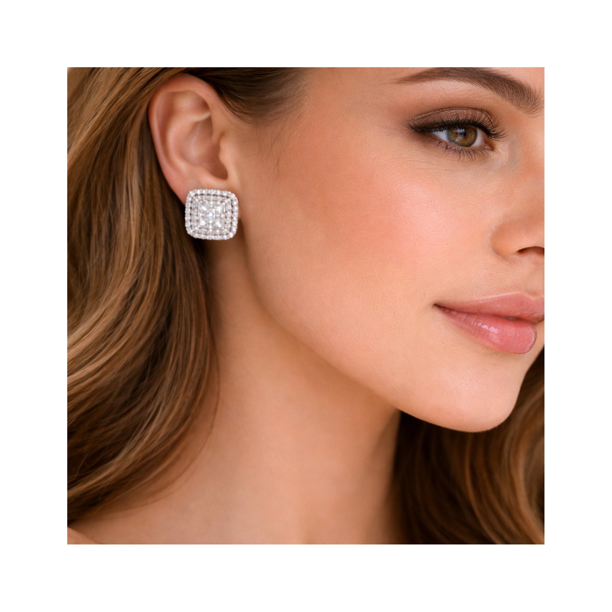 925 Sterling Silver  Cushion-Shaped Zircon  Stud Earrings