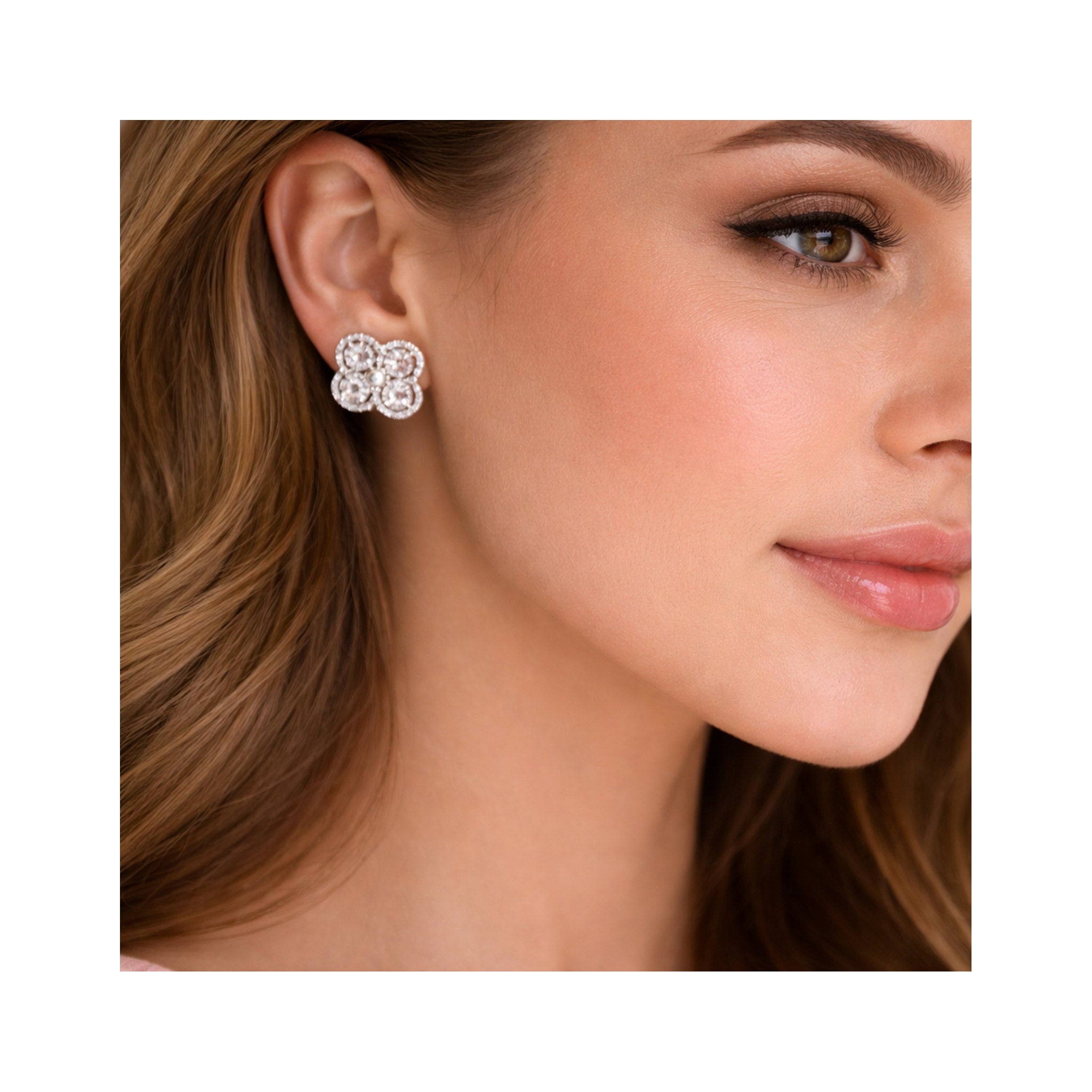 925 Sterling Silver Round Brilliant Zircon Quatrefoil Cluster Halo Stud Earrings