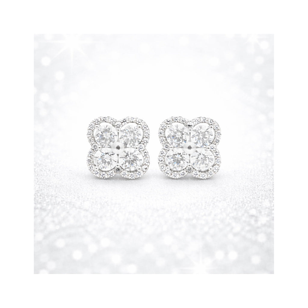 925 Sterling Silver Round Brilliant Zircon Quatrefoil Cluster Halo Stud Earrings