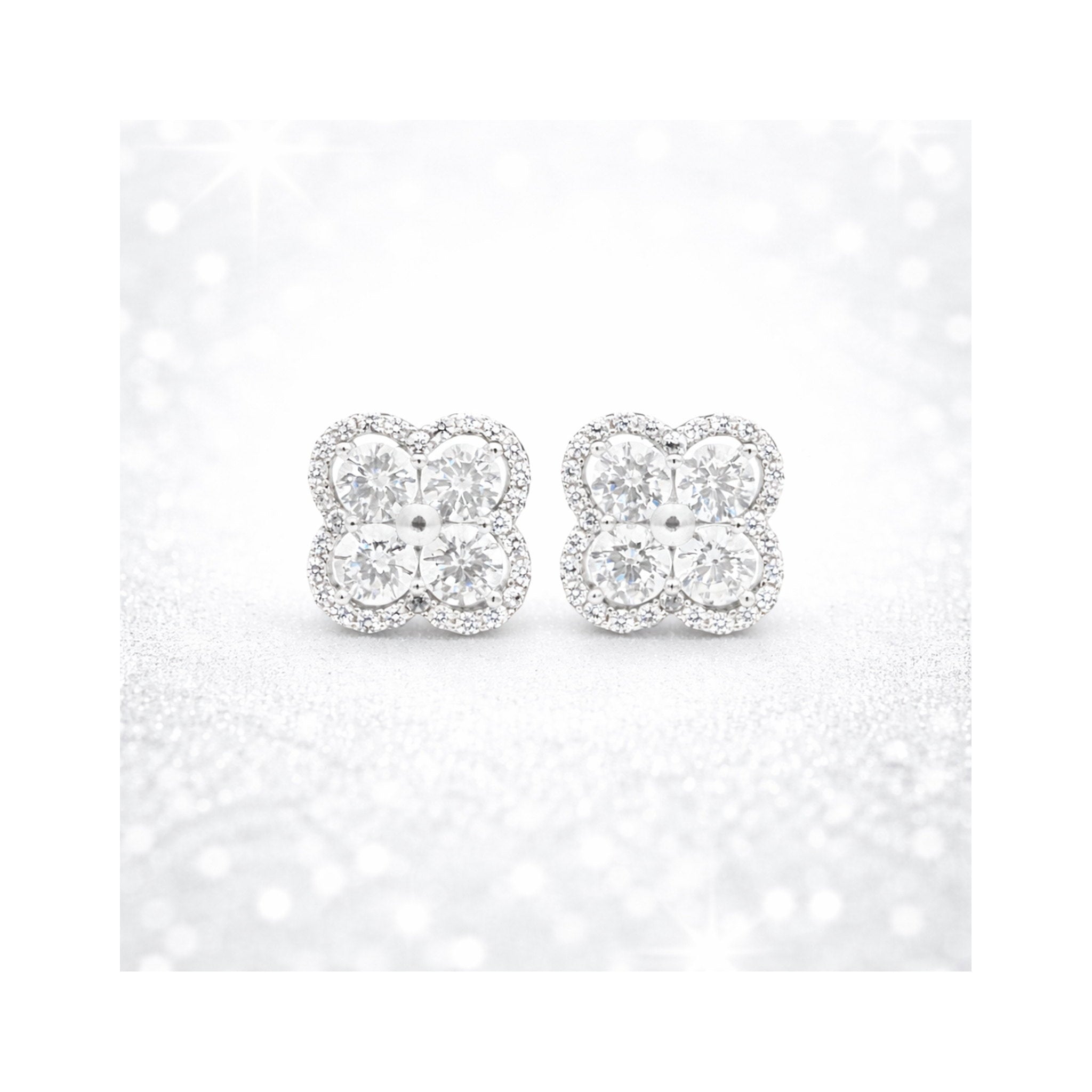 925 Sterling Silver Round Brilliant Zircon Quatrefoil Cluster Halo Stud Earrings