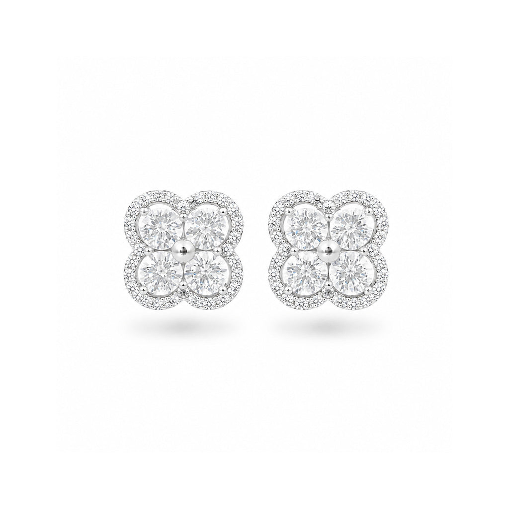 925 Sterling Silver Round Brilliant Zircon Quatrefoil Cluster Halo Stud Earrings