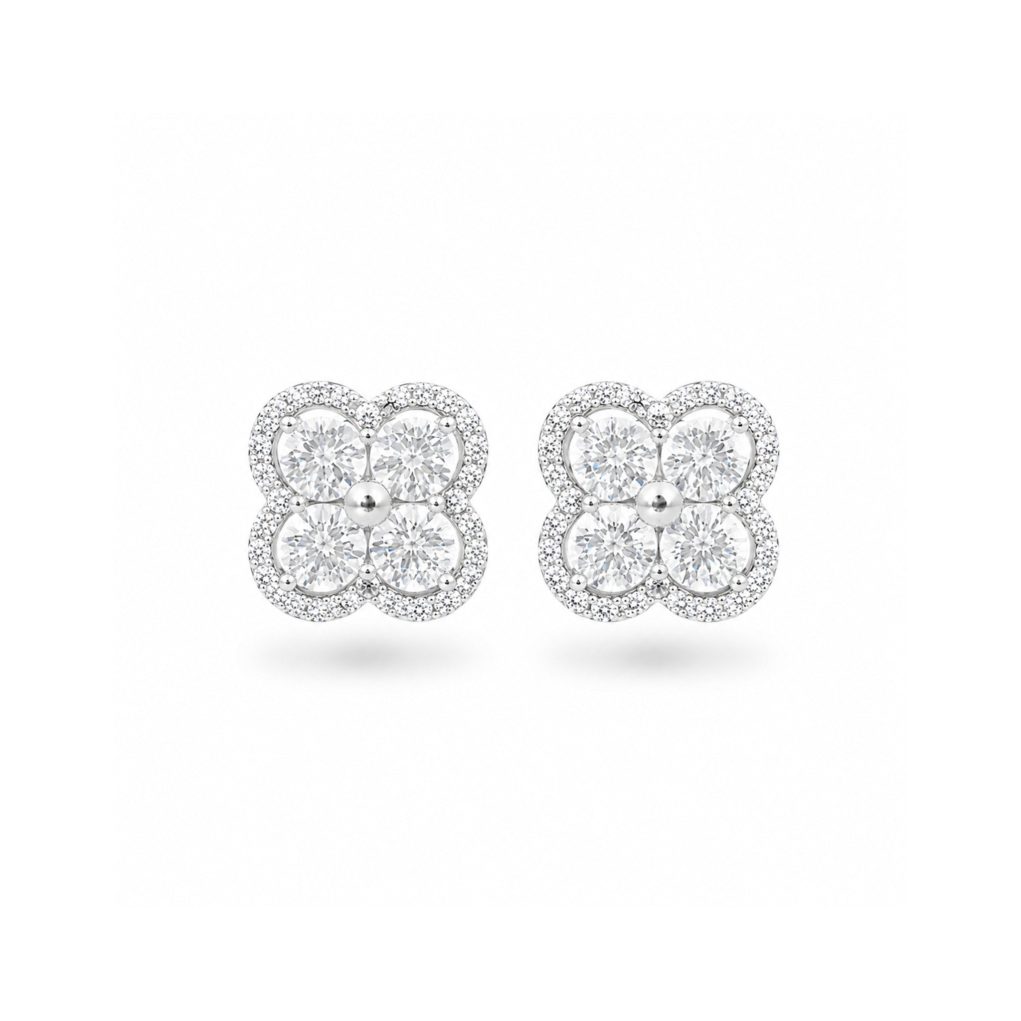 925 Sterling Silver Round Brilliant Zircon Quatrefoil Cluster Halo Stud Earrings