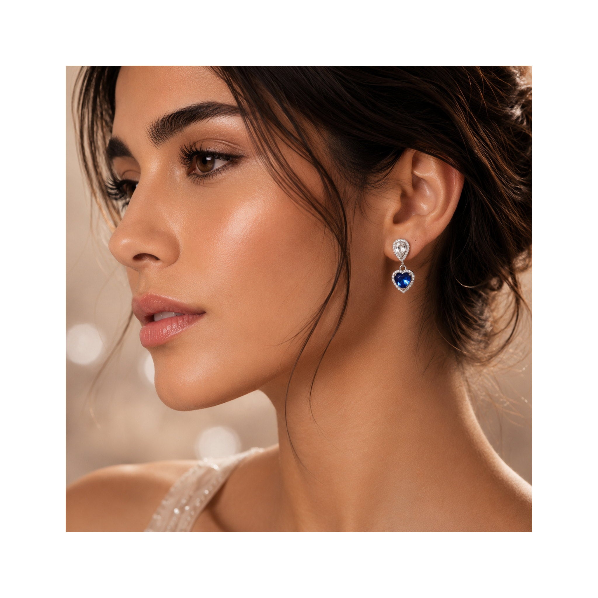 925 Sterling Silver Blue Heart Gemstone and Zircon Pear-Drop Earrings
