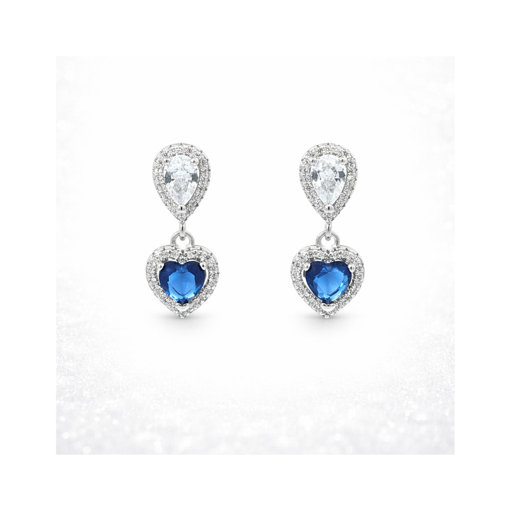 925 Sterling Silver Blue Heart Gemstone and Zircon Pear-Drop Earrings