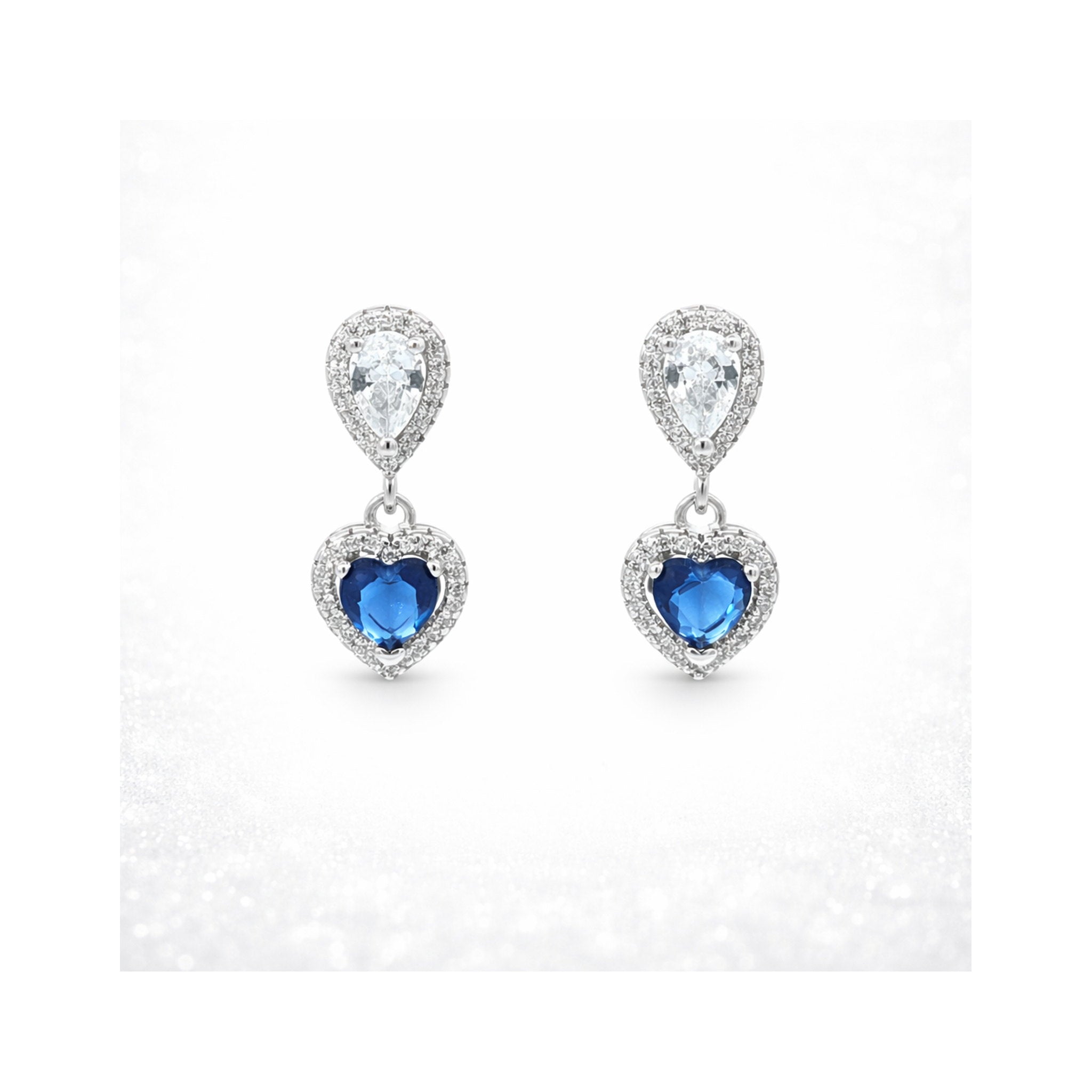 925 Sterling Silver Blue Heart Gemstone and Zircon Pear-Drop Earrings