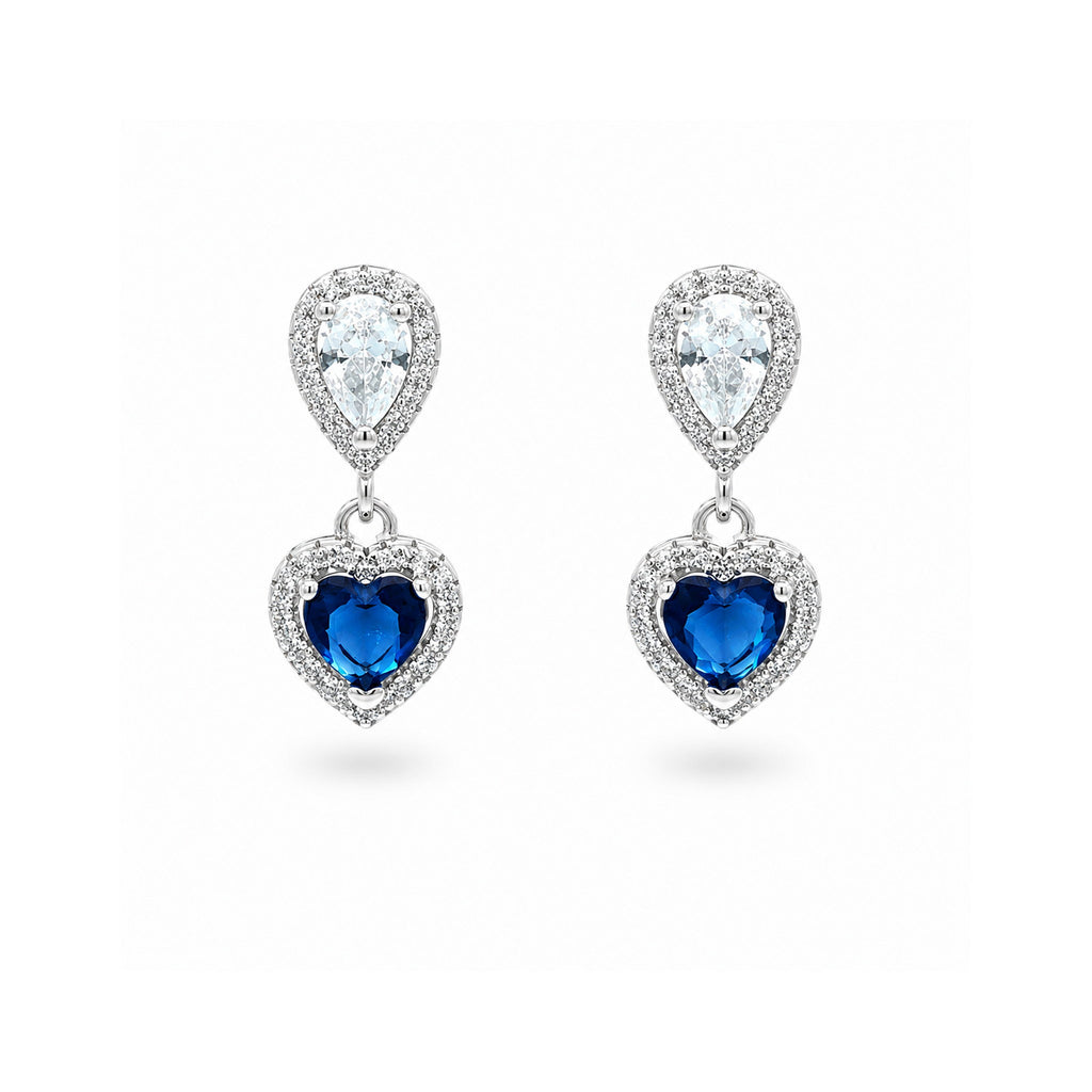 925 Sterling Silver Blue Heart Gemstone and Zircon Pear-Drop Earrings