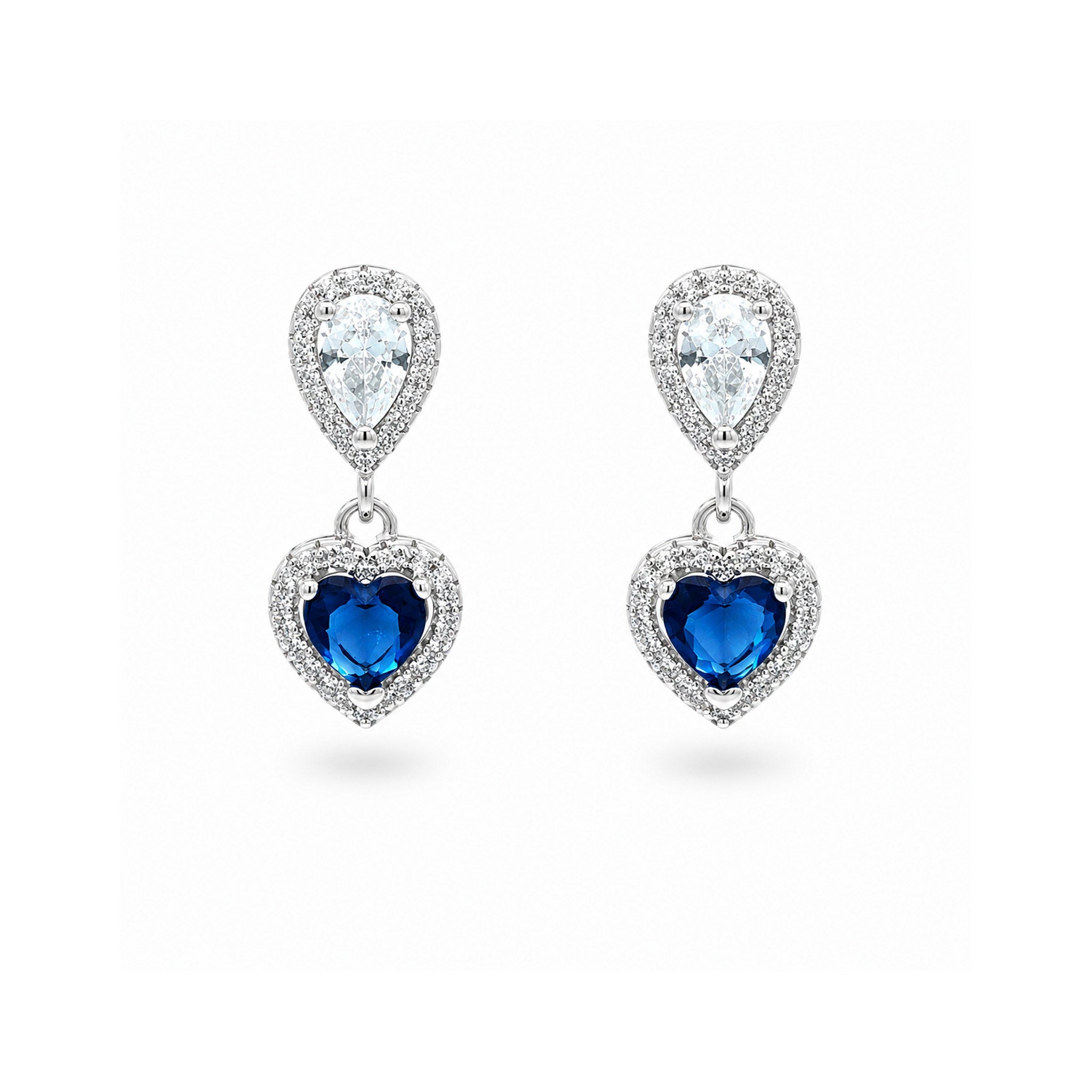 925 Sterling Silver Blue Heart Gemstone and Zircon Pear-Drop Earrings
