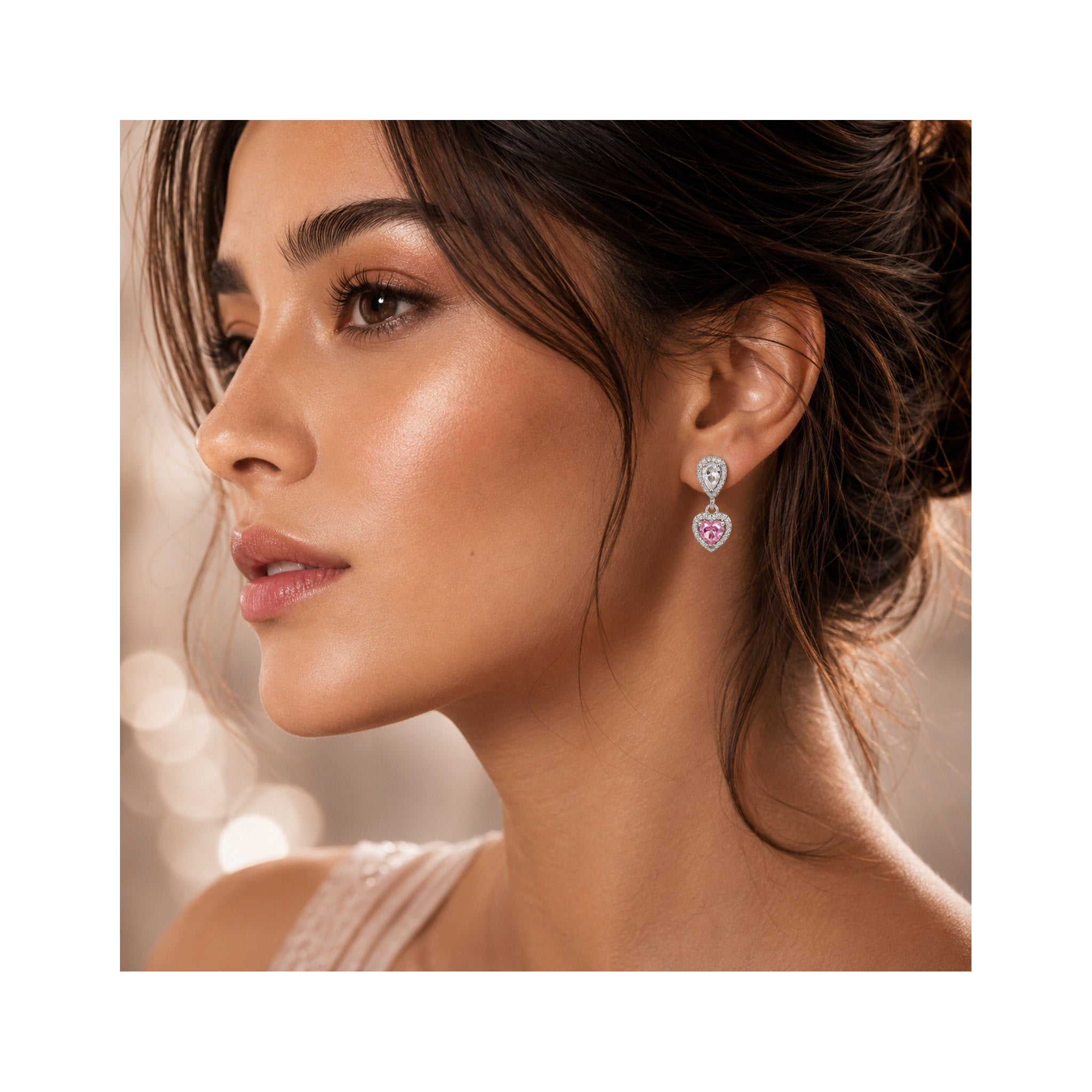 925 Sterling Silver Pink Heart and Pear-Cut Gemstones Drop Halo Earrings