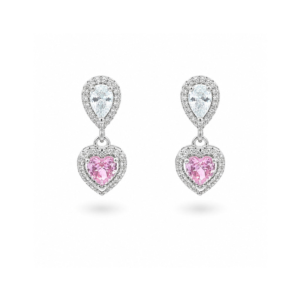 925 Sterling Silver Pink Heart and Pear-Cut Gemstones Drop Halo Earrings