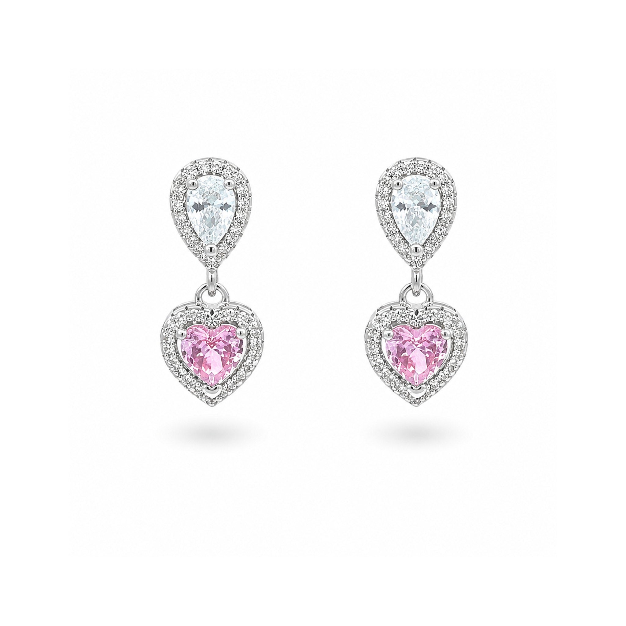 925 Sterling Silver Pink Heart and Pear-Cut Gemstones Drop Halo Earrings
