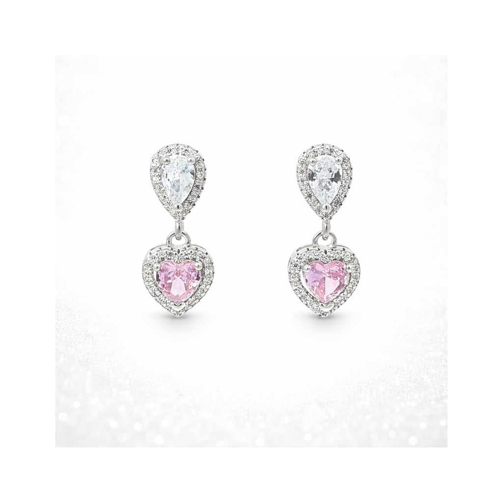 925 Sterling Silver Pink Heart and Pear-Cut Gemstones Drop Halo Earrings