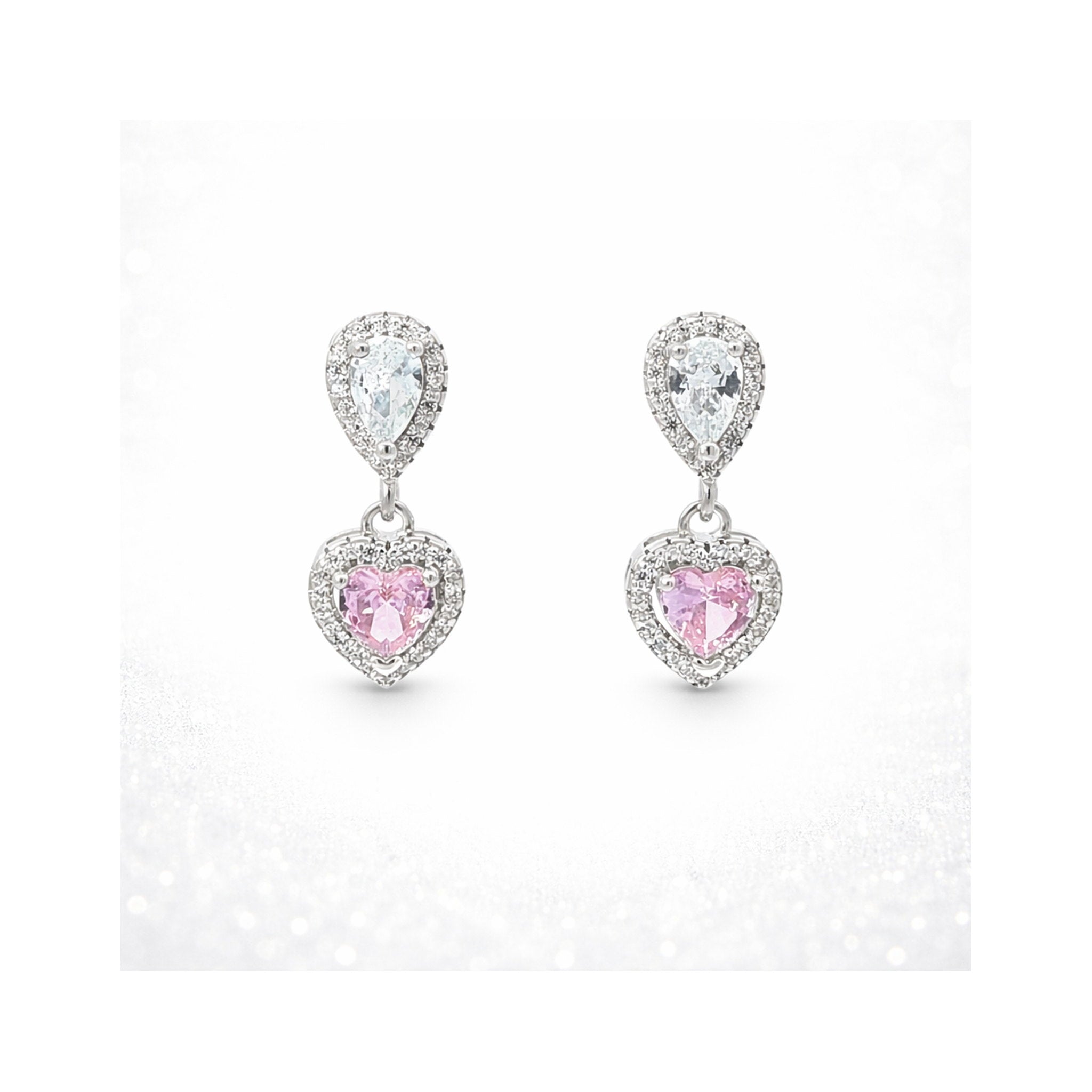 925 Sterling Silver Pink Heart and Pear-Cut Gemstones Drop Halo Earrings