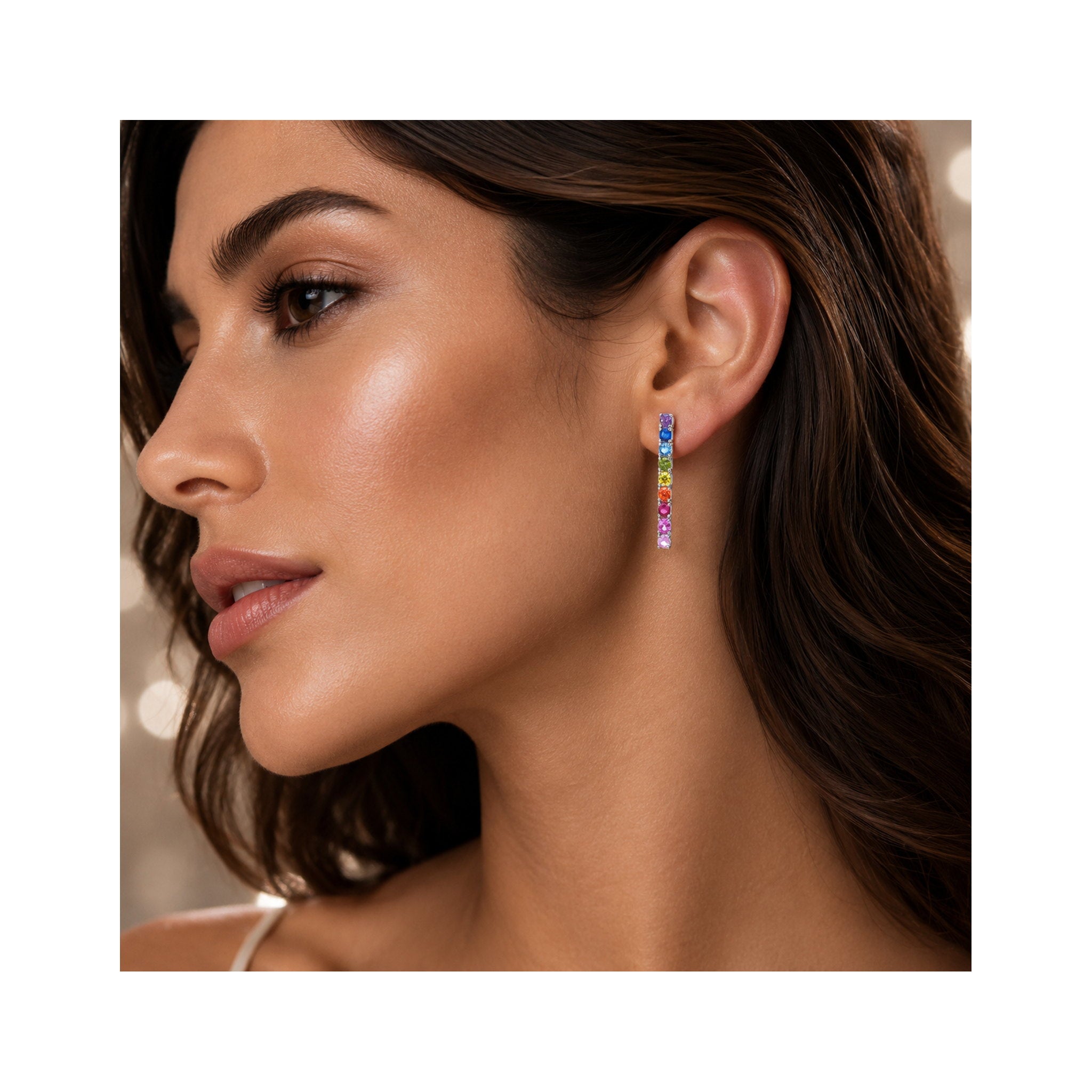 925 Sterling Silver Multi-Colored Round Brilliant Gemstones Linear Drop Earrings