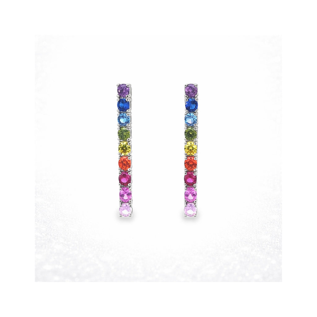 925 Sterling Silver Multi-Colored Round Brilliant Gemstones Linear Drop Earrings
